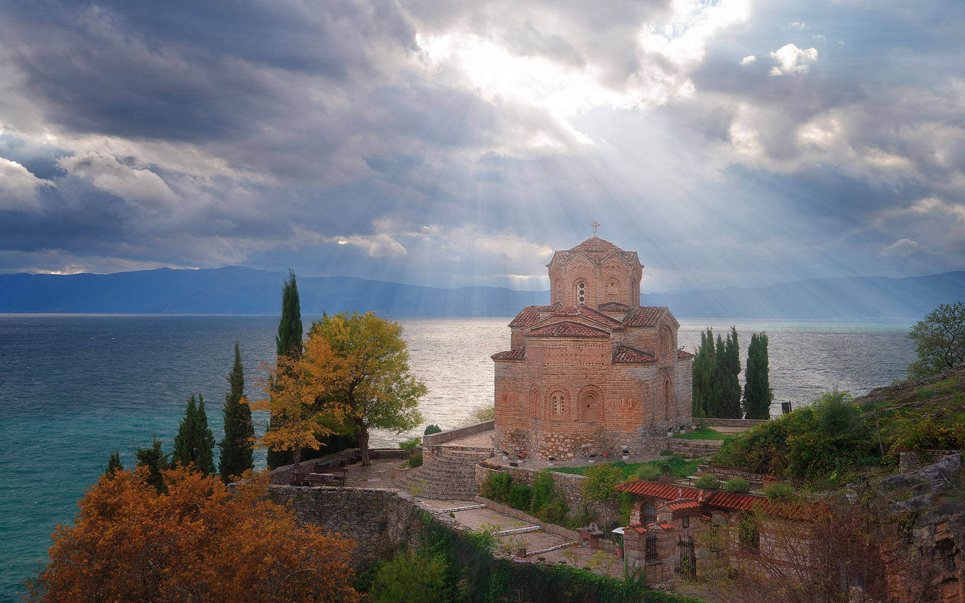 Macedonia, sunrays, church, Full HD Desktop Wallpaper