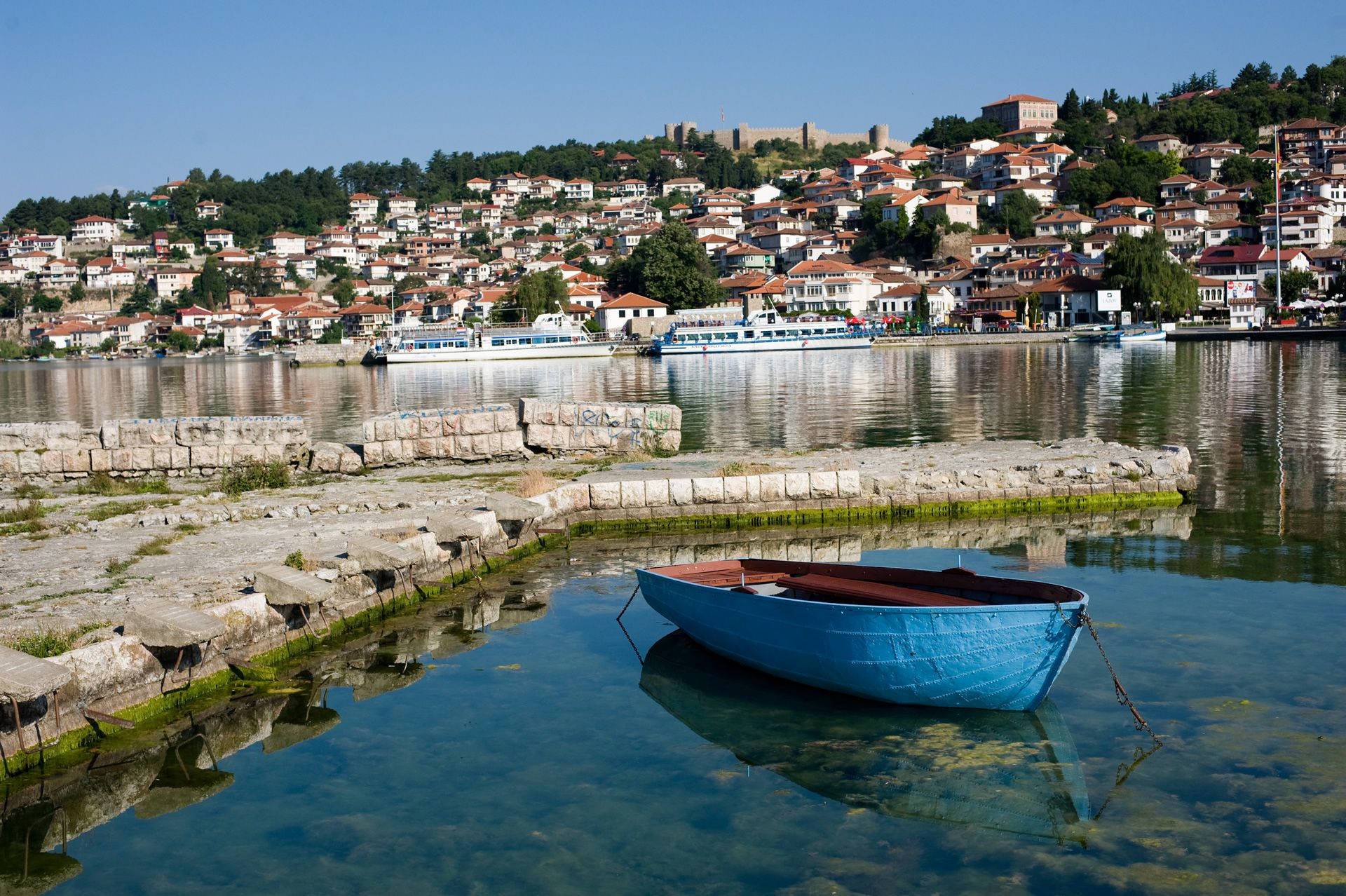 Macedonia, blue boat, lake, Full HD Desktop Wallpaper