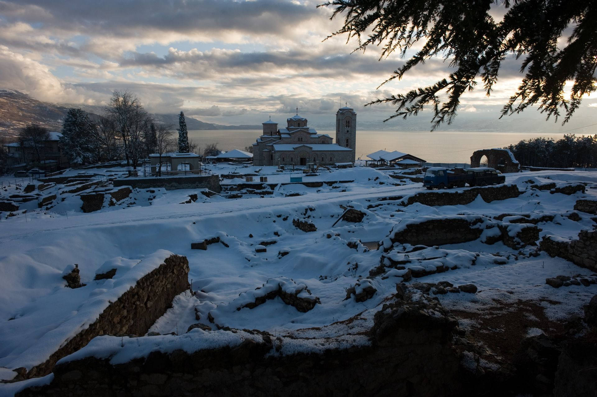 Macedonia, snow, ancient stone ruins, Full HD Desktop Wallpaper