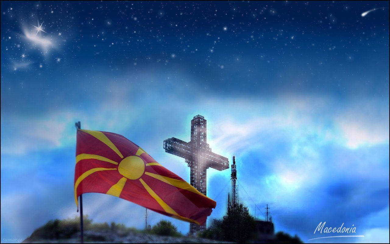 Macedonia flag, illuminated cross, starry twilight sky, HD Desktop Wallpaper