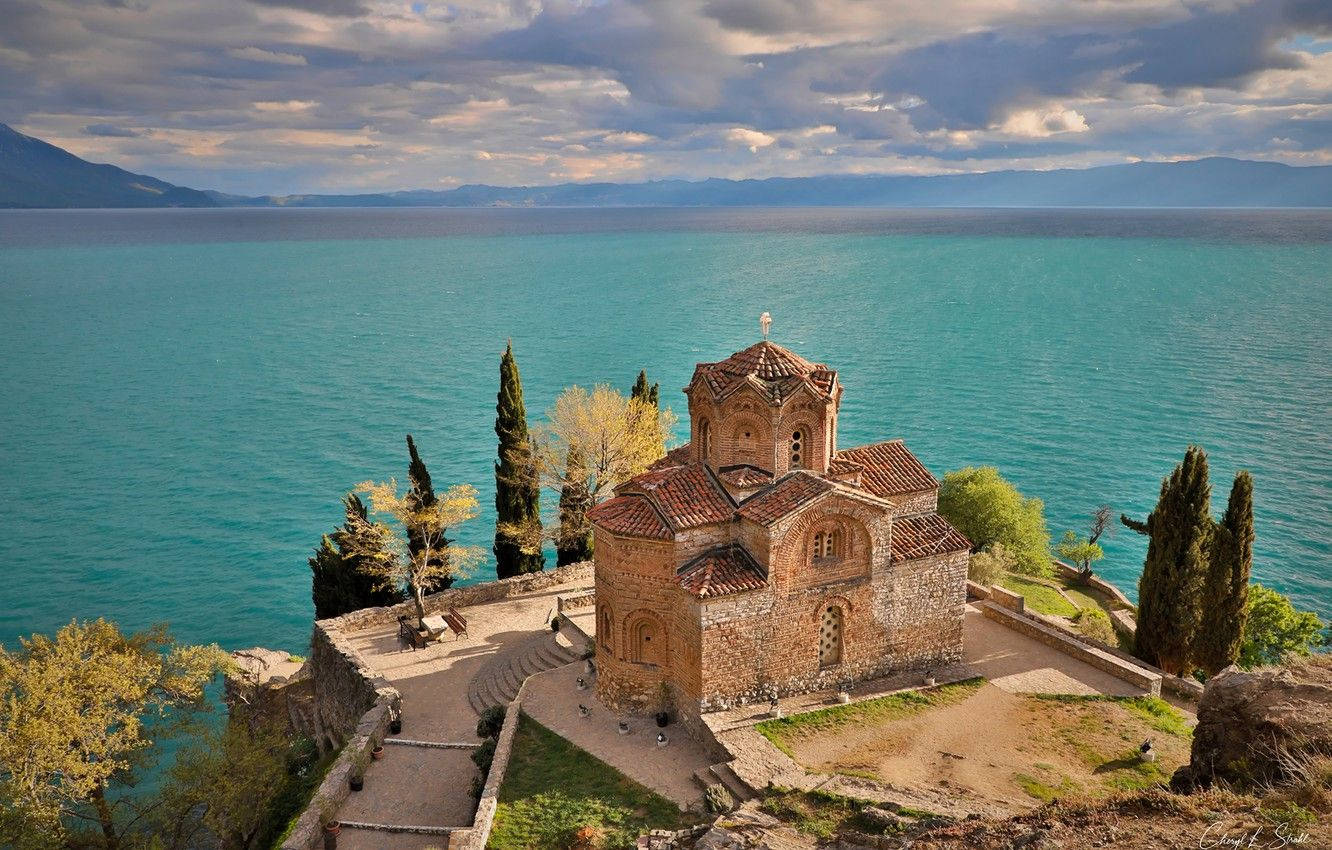 Macedonia, brown-bricked church, cliff, HD Desktop Wallpaper