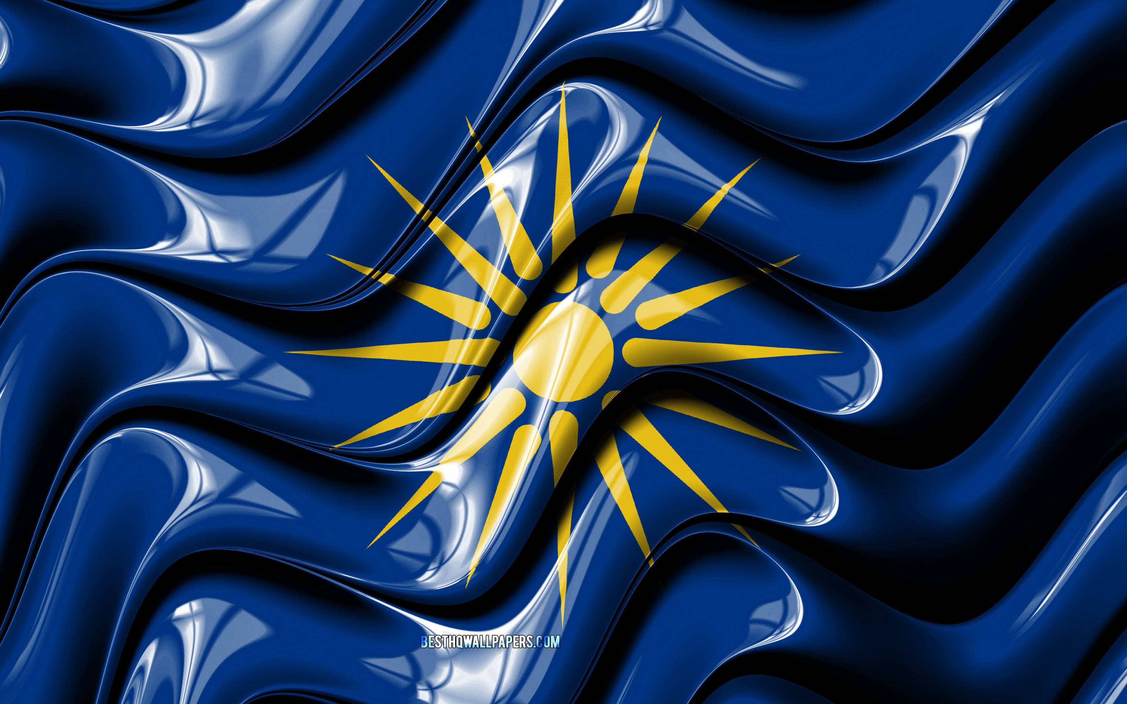 Macedonia flag, glossy wave, golden sun emblem, 4K Desktop Wallpaper