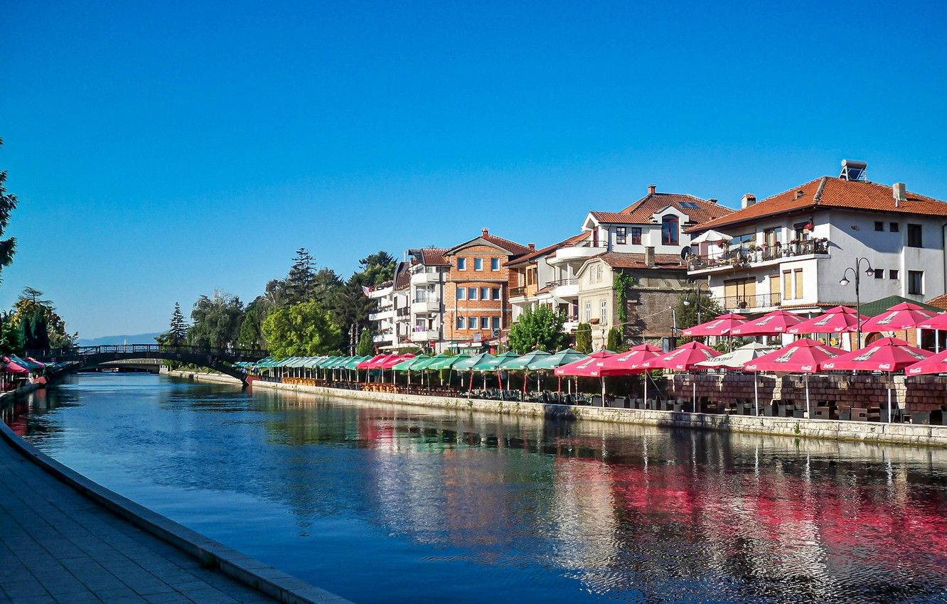 Macedonia, riverside homes, colorful umbrellas, HD Desktop Wallpaper