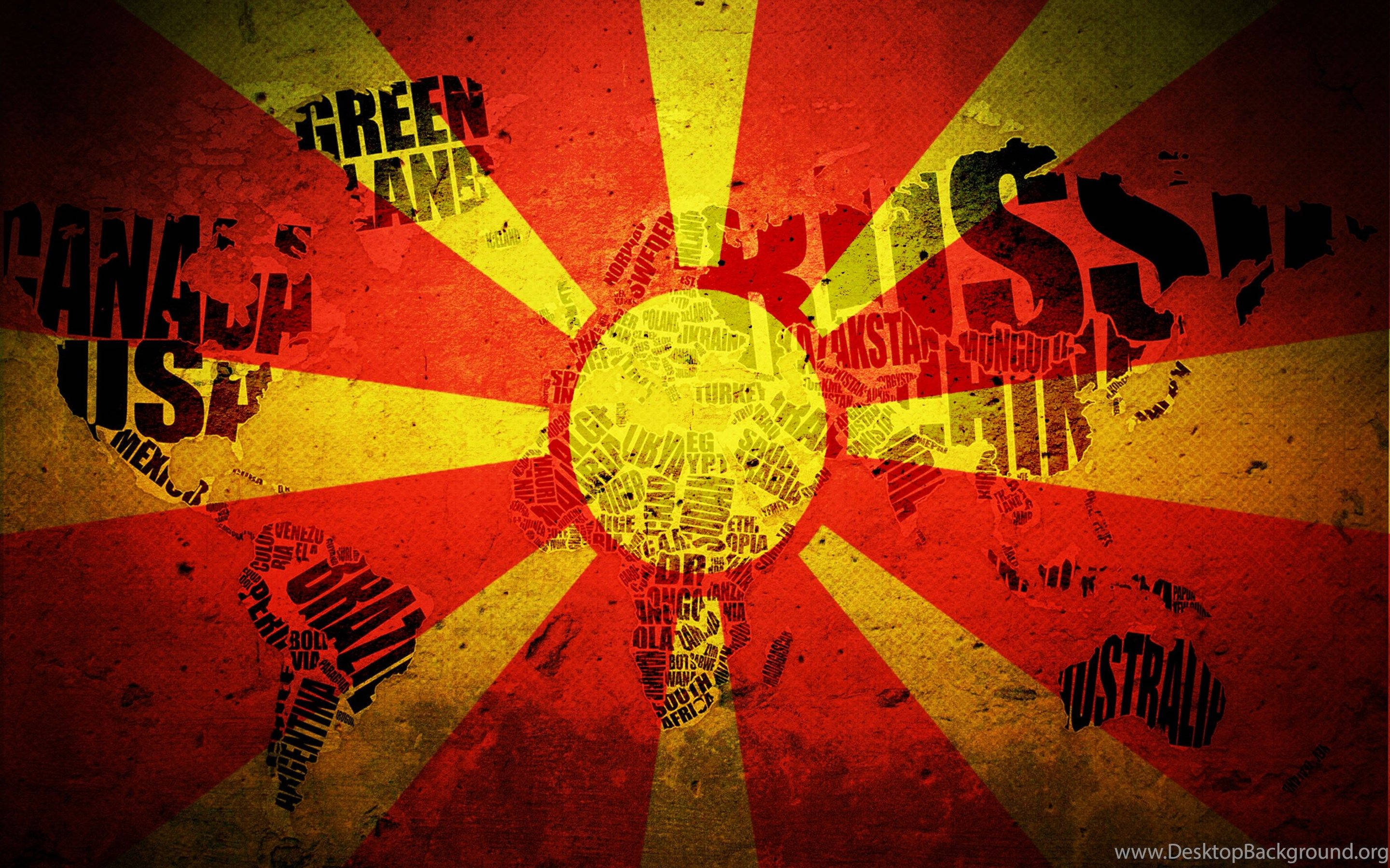 Macedonia flag, red yellow sunburst, country names, 2K Desktop Wallpaper