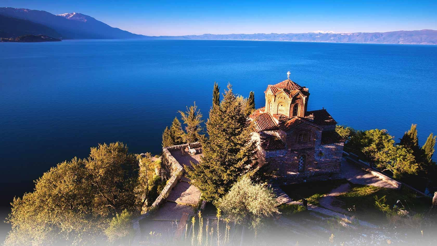 Macedonia, ancient stone church, red roof, HD Desktop Wallpaper
