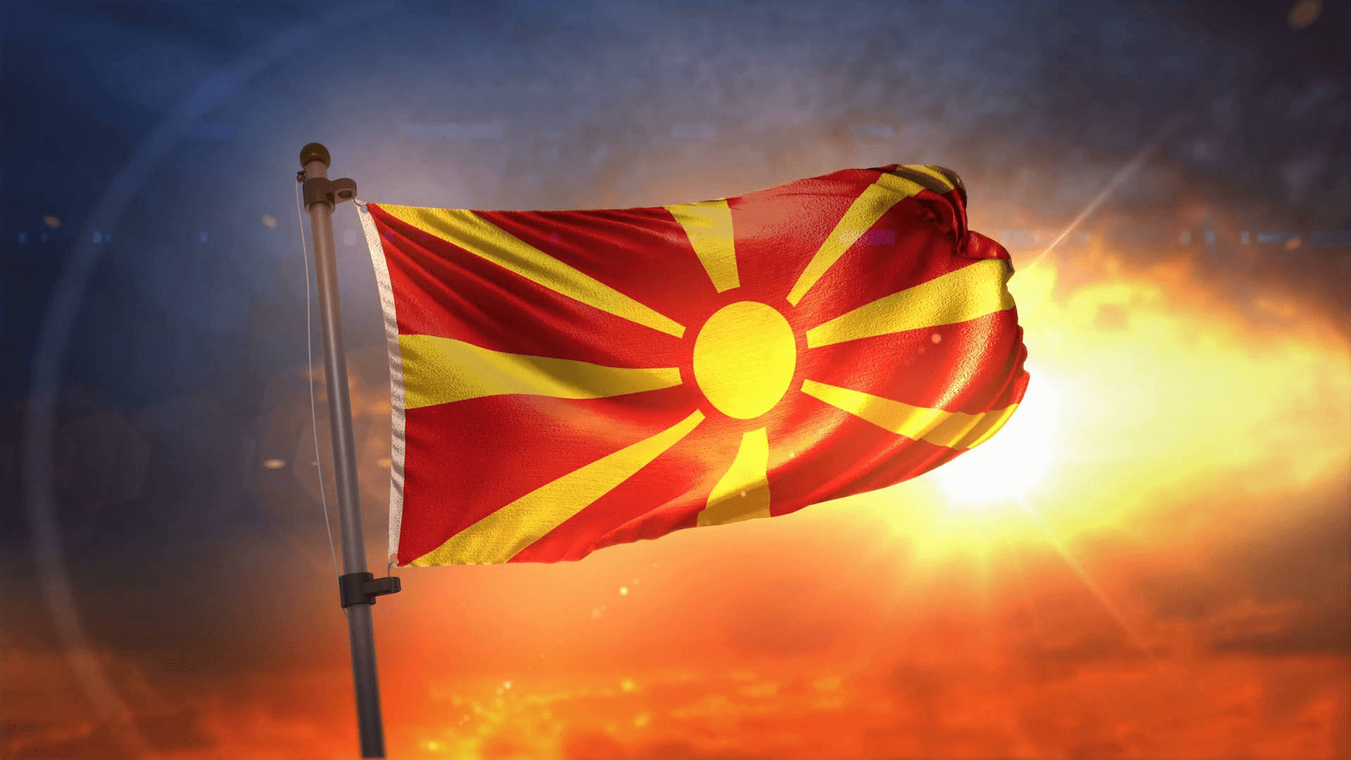 Macedonia flag, fiery sunset sky, radiant sunbeams, Full HD Desktop Wallpaper