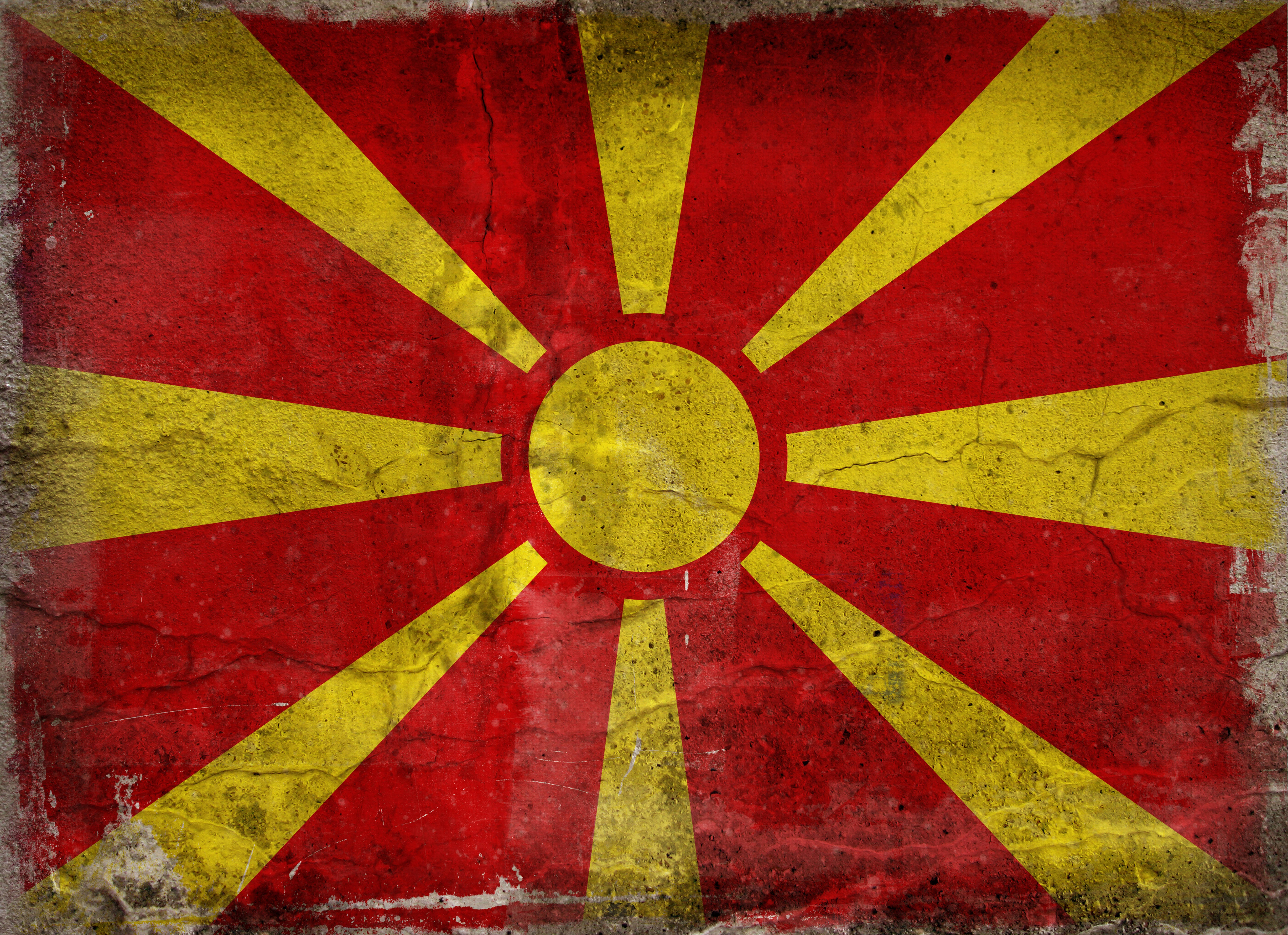 Macedonia flag, red and yellow sunburst design, old paper, 5K Desktop Wallpaper