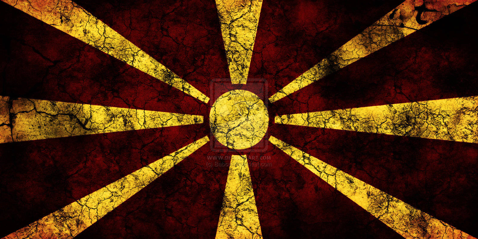 Macedonia flag, rock texture, cracked red and gold rays, HD Desktop Wallpaper