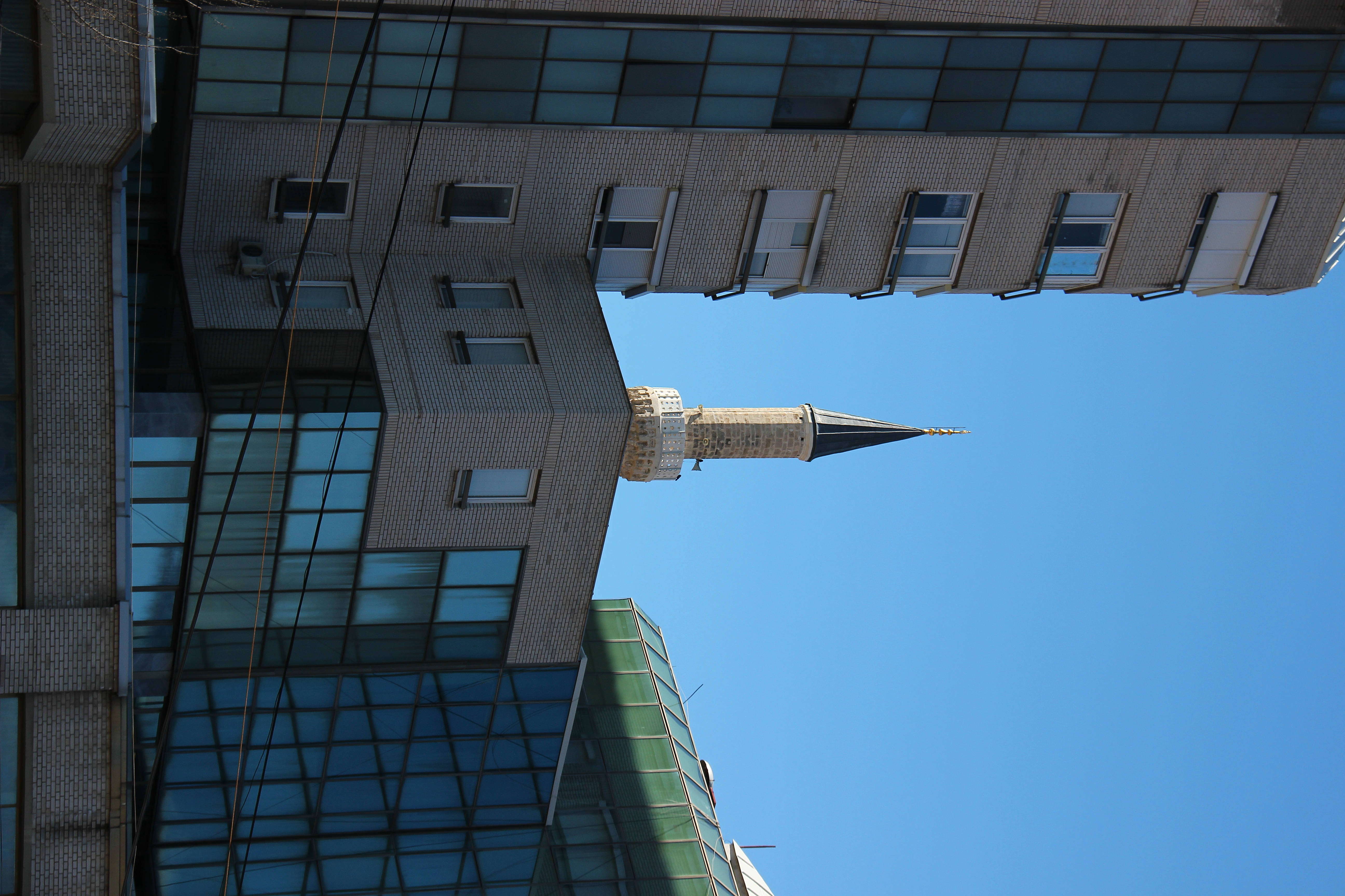 Macedonia, blue windows, black conical roof, 5K Desktop Wallpaper