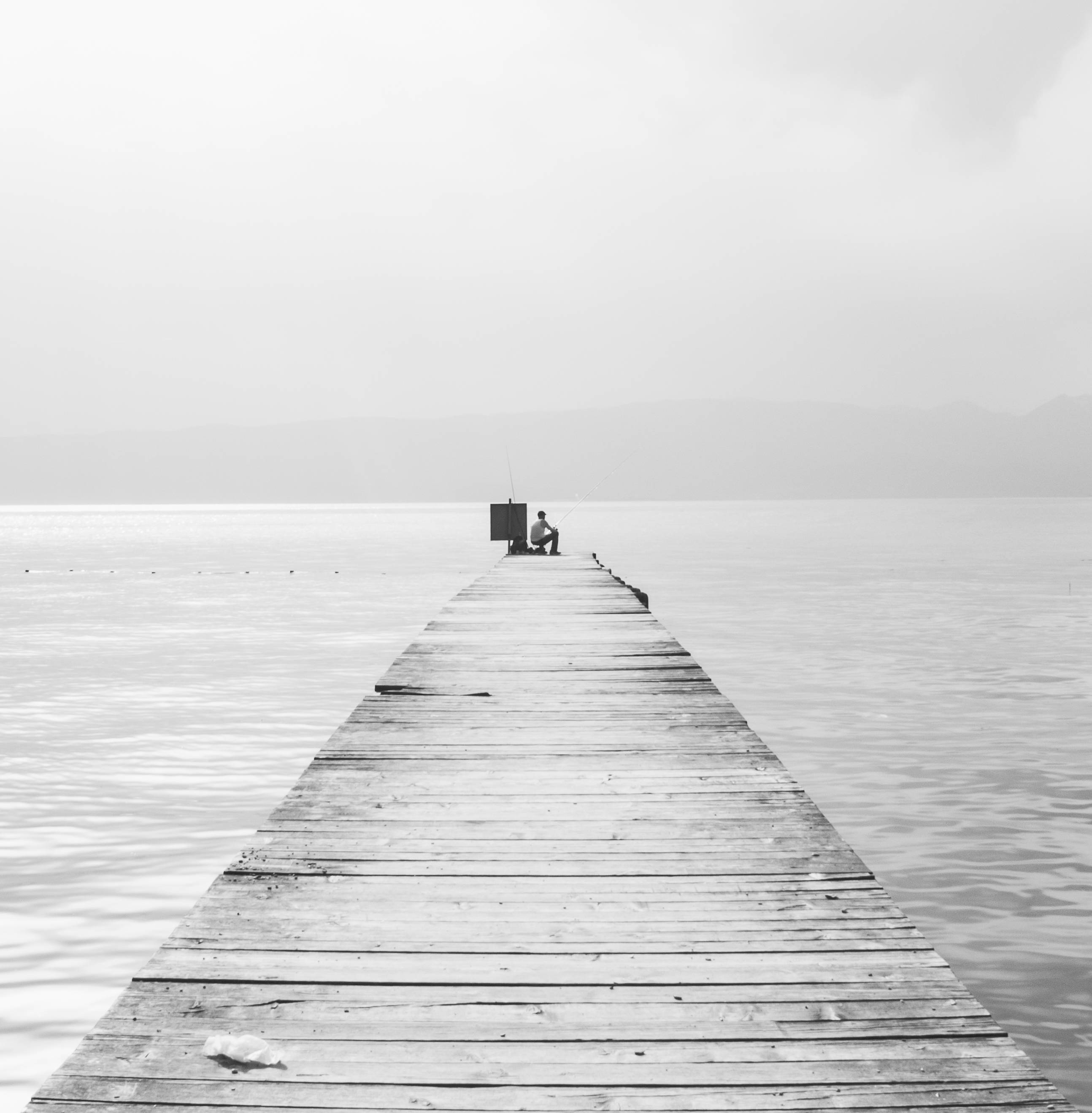 Macedonia Lake, weathered wooden pier, misty lake, 2K Phone Wallpaper