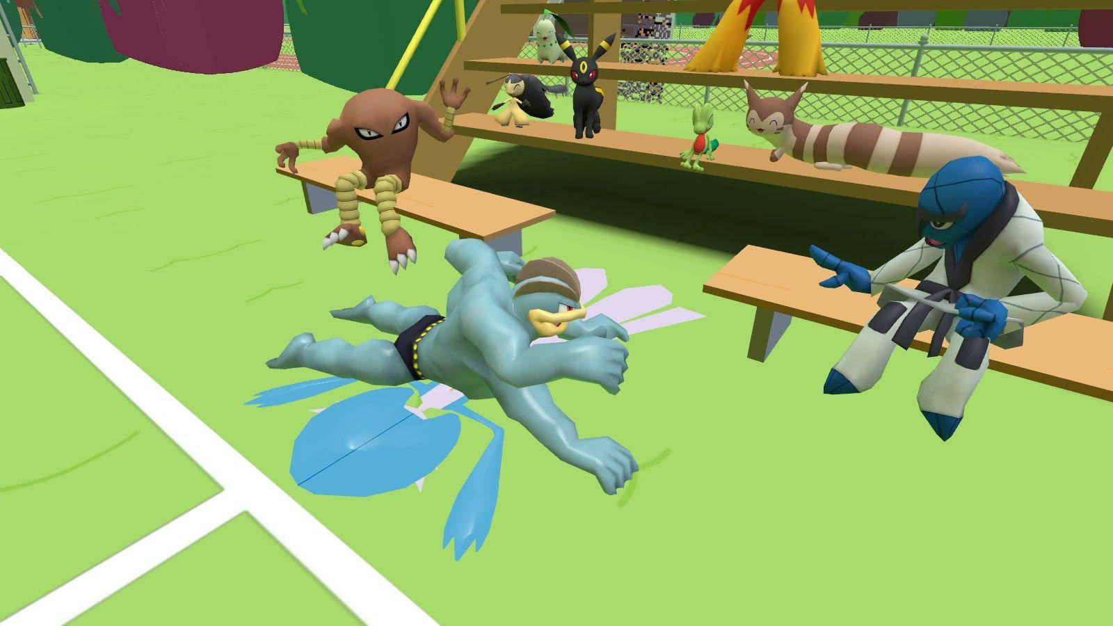 Machamp, blue Pokémon, bright green court, HD Desktop Wallpaper