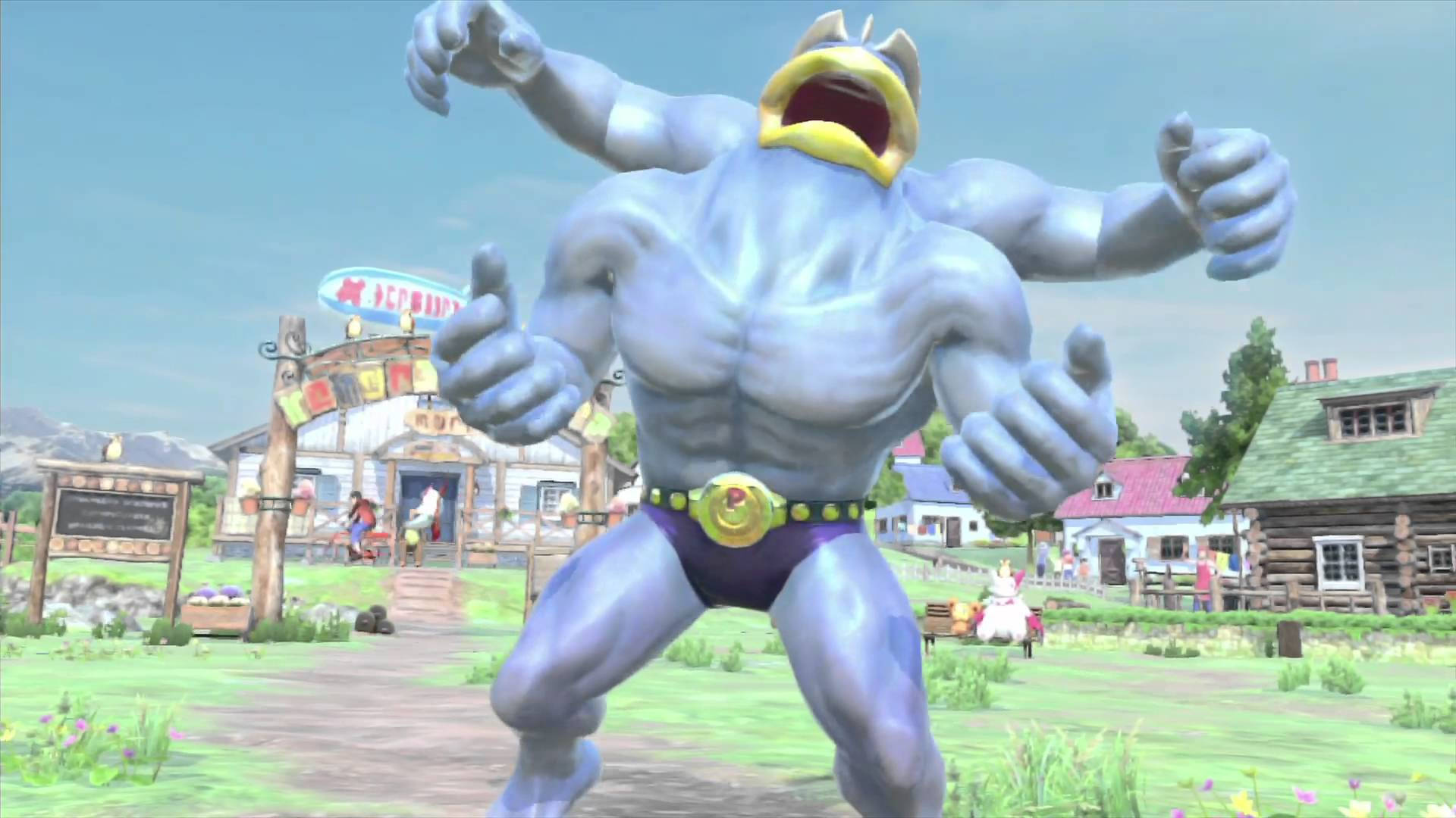 Machamp, blue muscular monster, yellow beak, Full HD Desktop Wallpaper