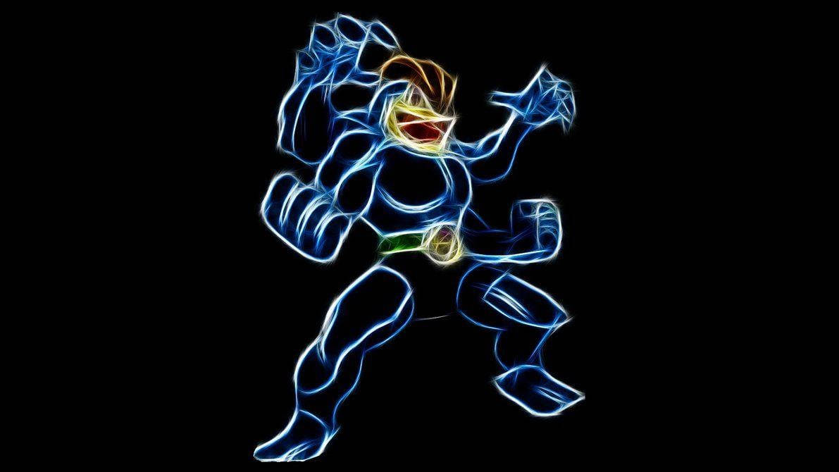 Machamp, glowing blue neon outline, muscular superhero, SD Desktop Wallpaper