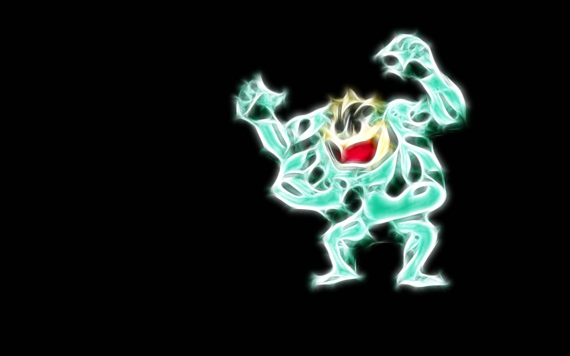 Machamp, glowing turquoise, red mouth, Full HD Desktop Wallpaper
