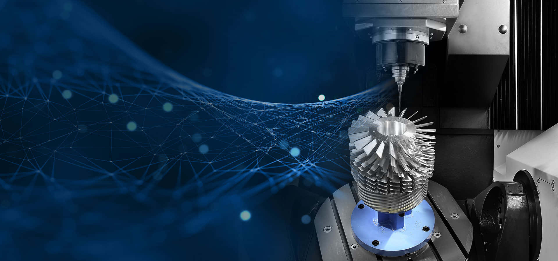 CNC machine, metallic gear, glowing blue digital network, HD Desktop Wallpaper
