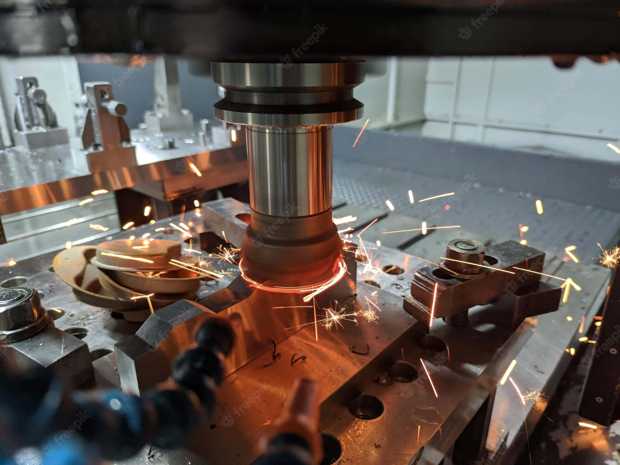 CNC machine, metal, bright orange sparks, Full HD Desktop Wallpaper