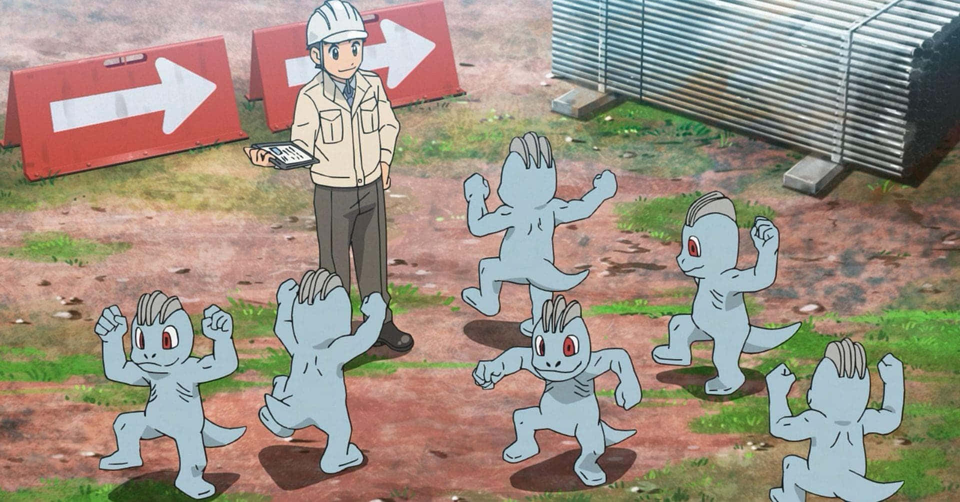 Machop, hard hat, red directional signs, Full HD Desktop Wallpaper
