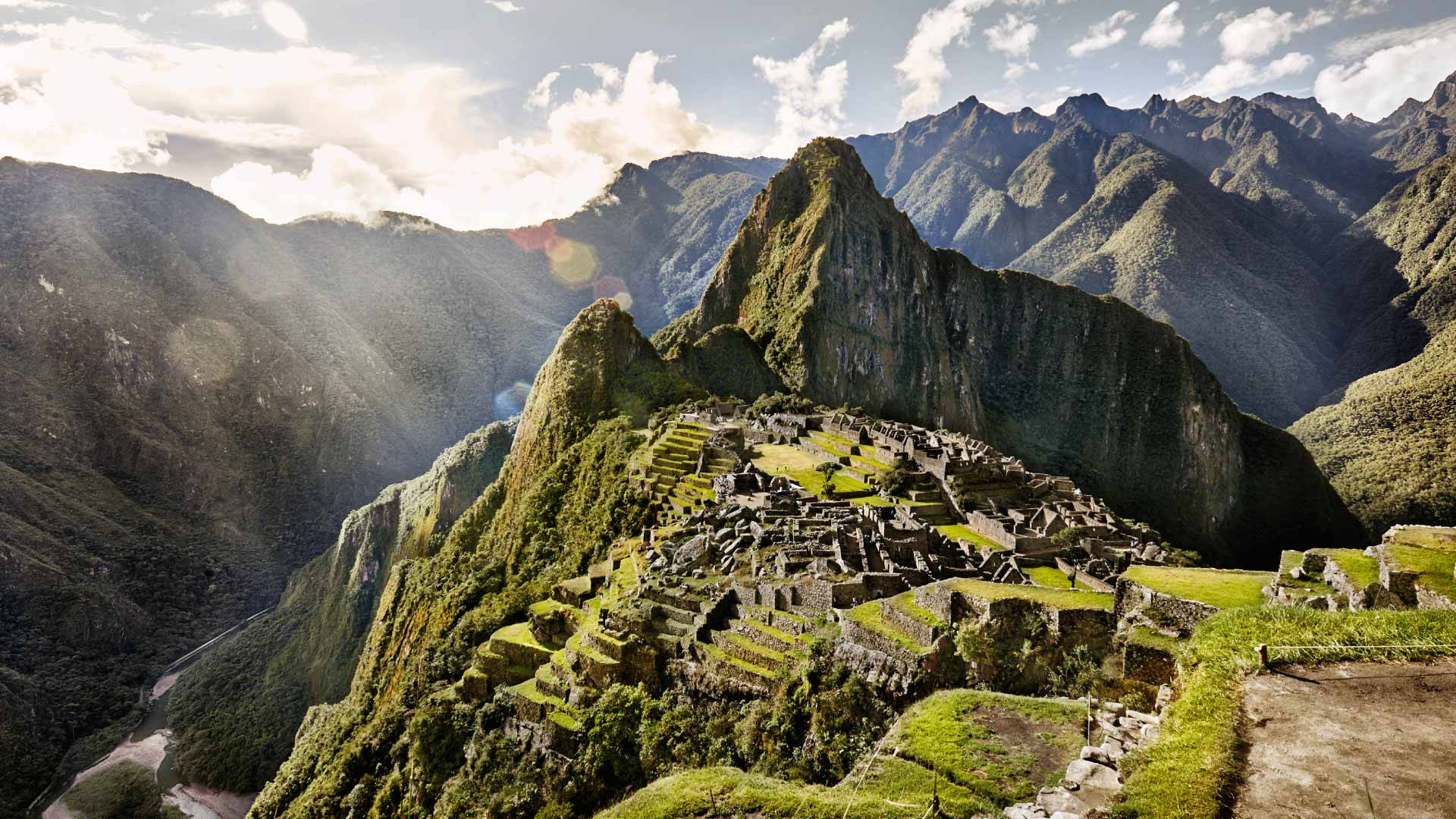 Machu Picchu, ancient stone ruins, lush green mountain ridge, Full HD Desktop Wallpaper