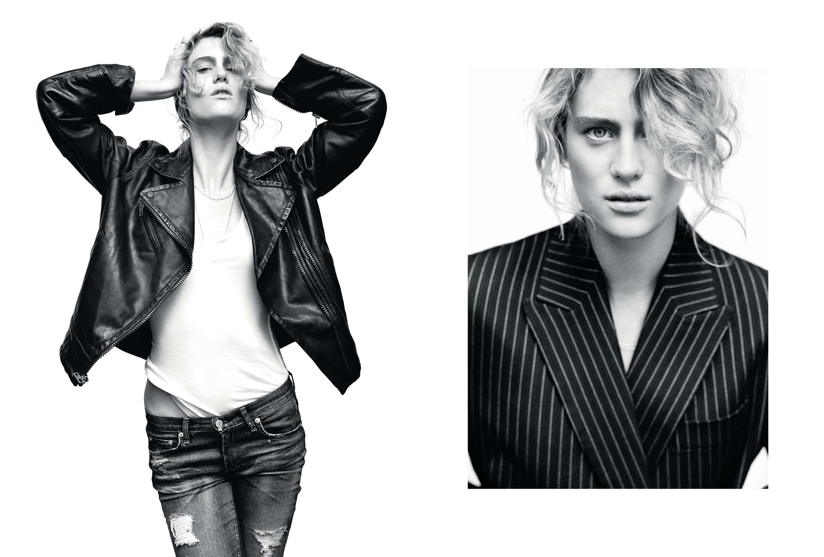 Mackenzie Davis, black and white portraits, leather jacket, 2K Desktop Wallpaper