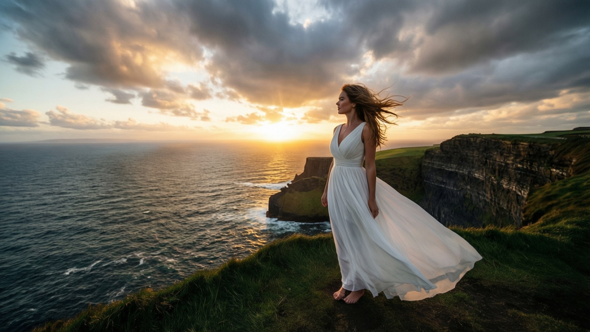 Mackenzie Porter, flowing white dress, cliff at sunset, Full HD Desktop Wallpaper
