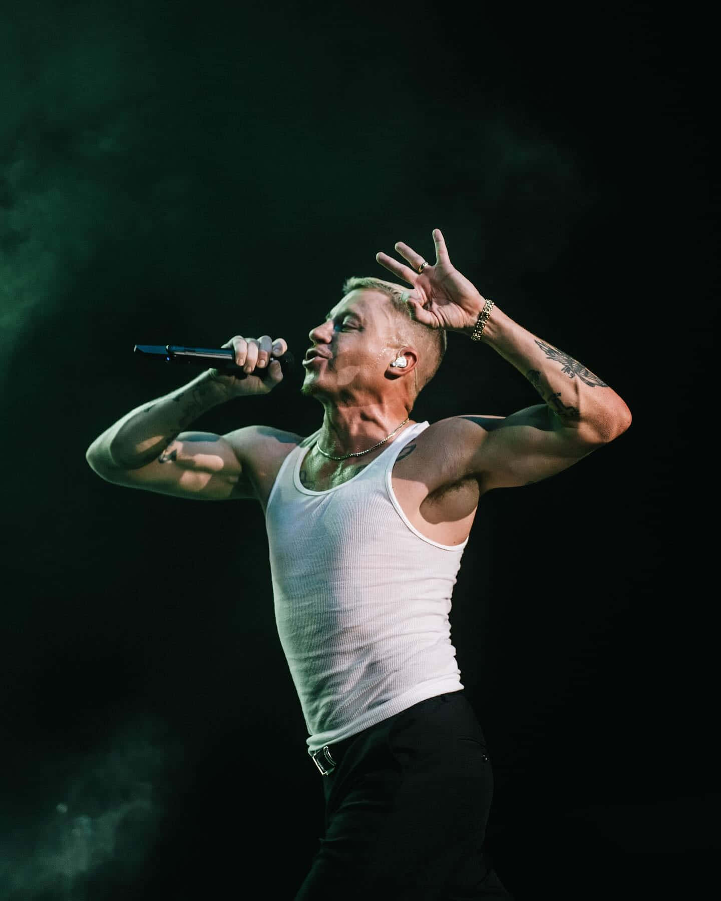 Macklemore, white tank top, green lights, HD Phone Wallpaper