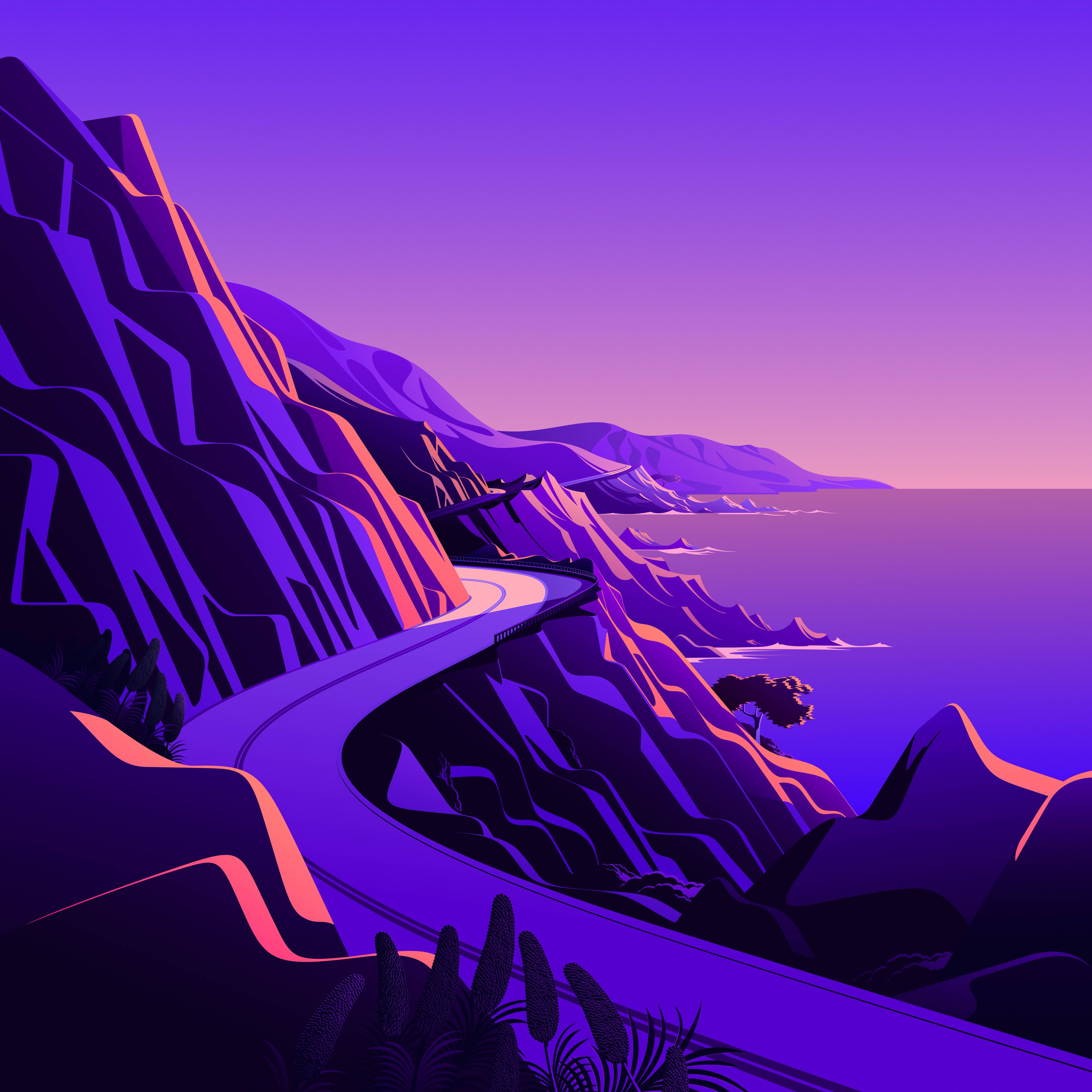 macOS Big Sur, coastal road, purple cliffs, 5K Desktop Wallpaper