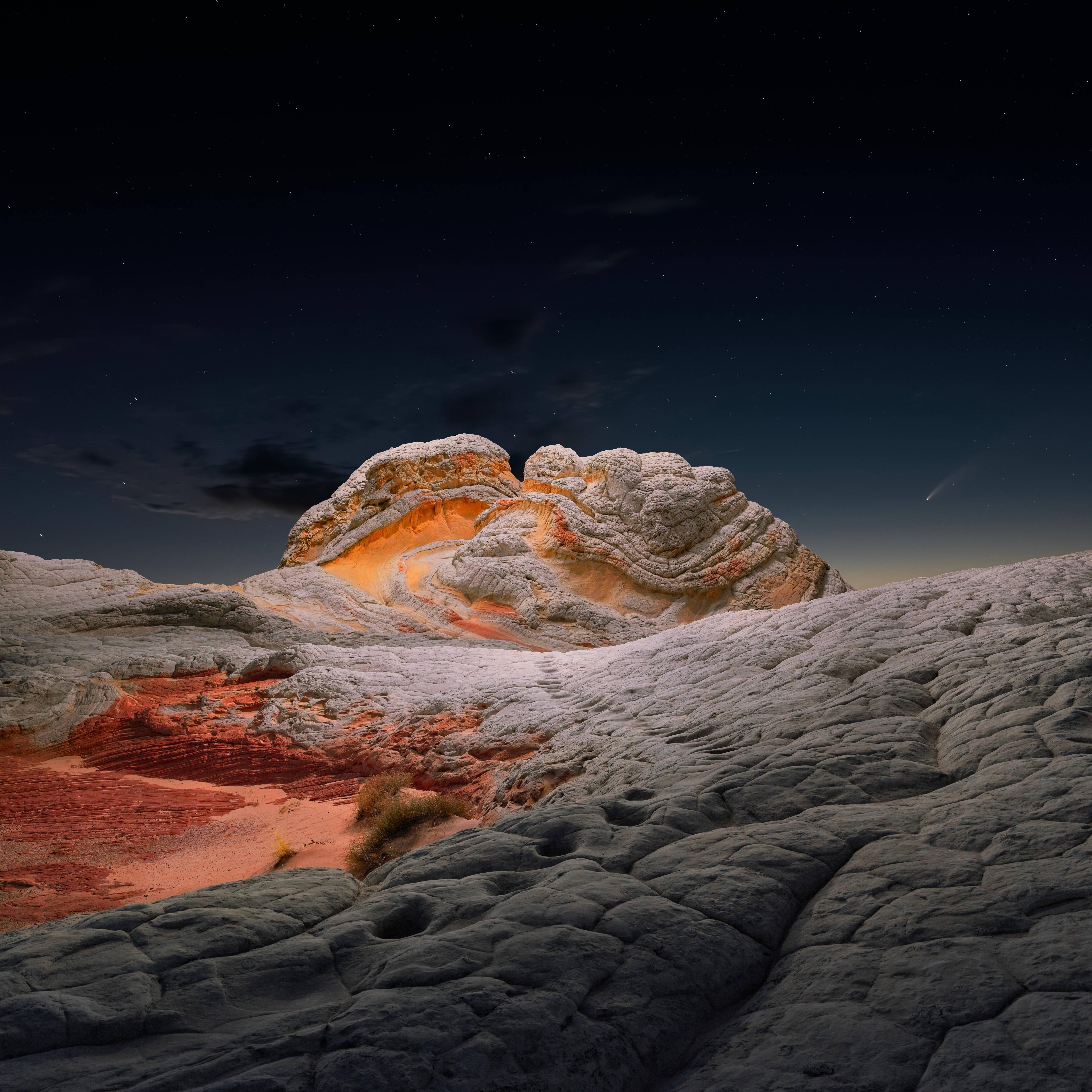 macOS Big Sur, rugged desert rock formation, starry night sky, 5K Desktop Wallpaper