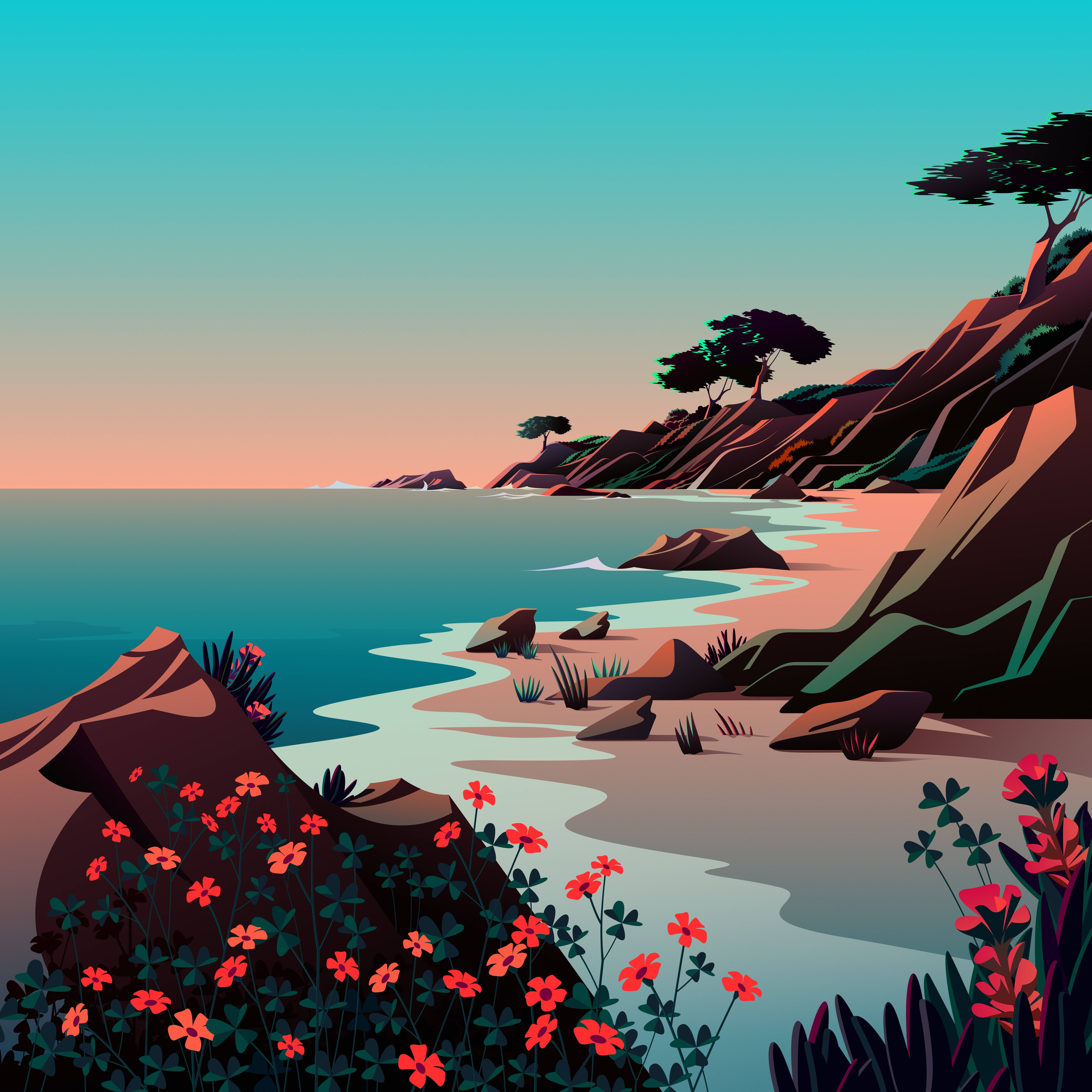 macOS Big Sur, Seashore, vibrant red flowers, 5K Desktop Wallpaper