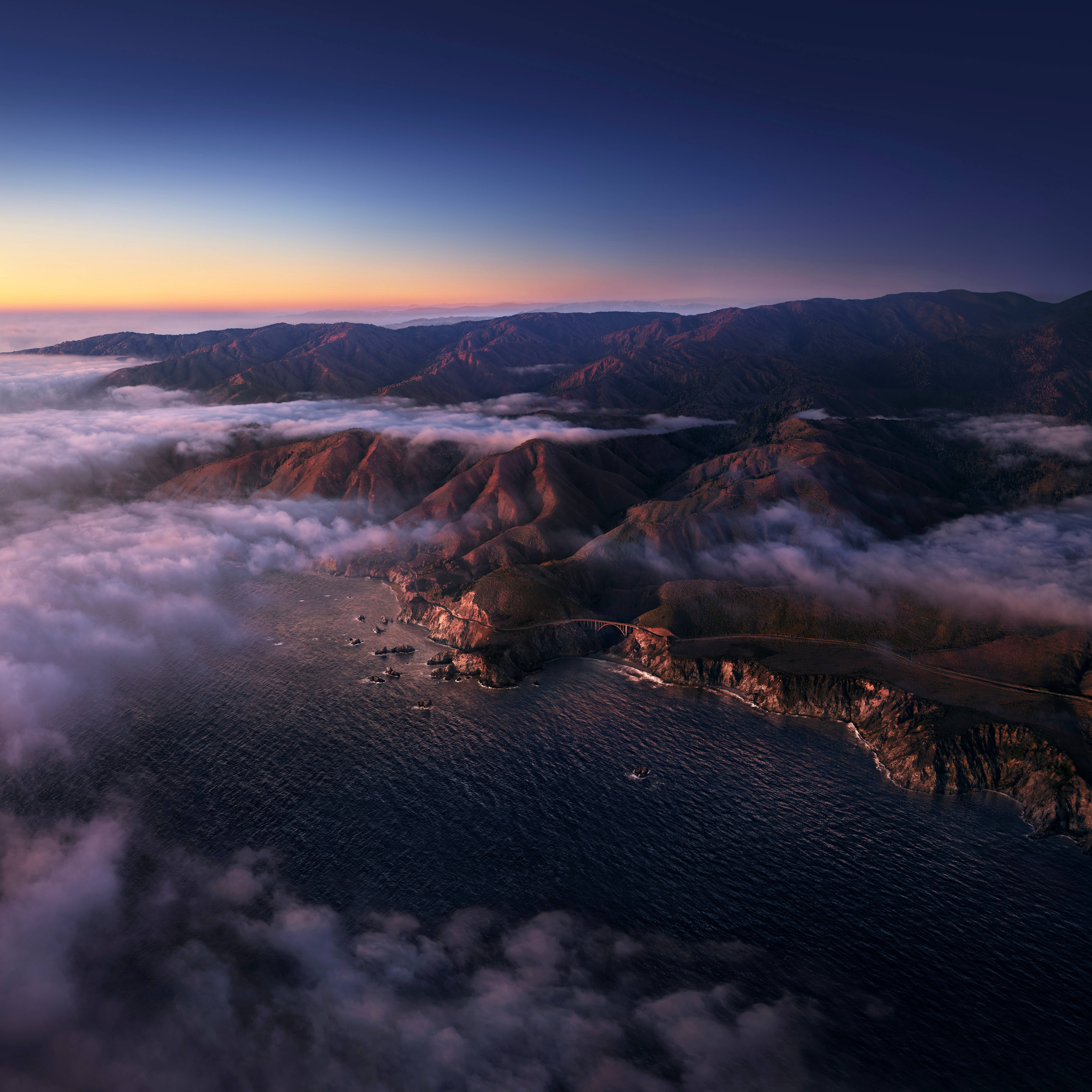 macOS Big Sur, dawn, coastal bridge, 5K Desktop Wallpaper
