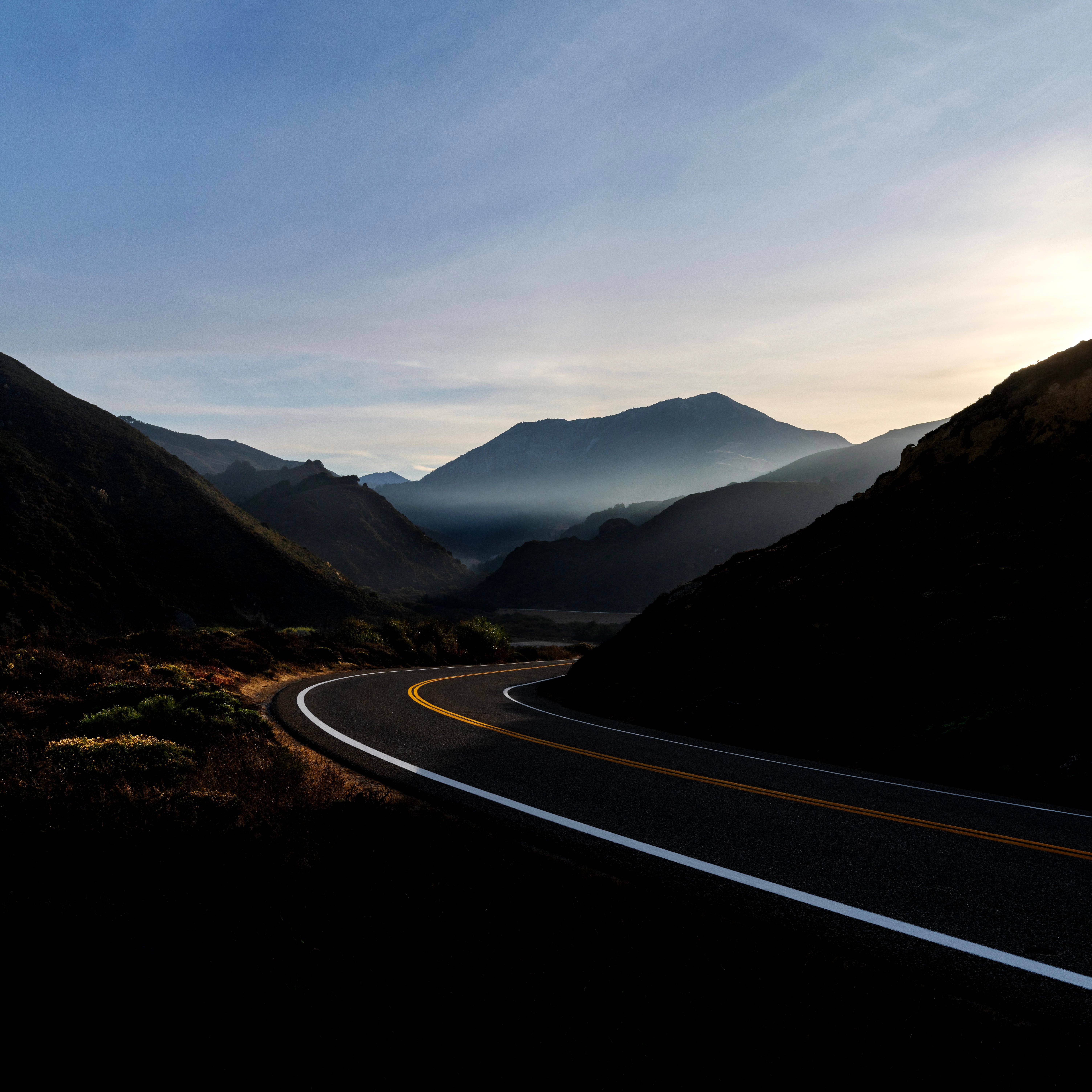 macOS Big Sur, mountain road, dawn sky, 5K Desktop Wallpaper