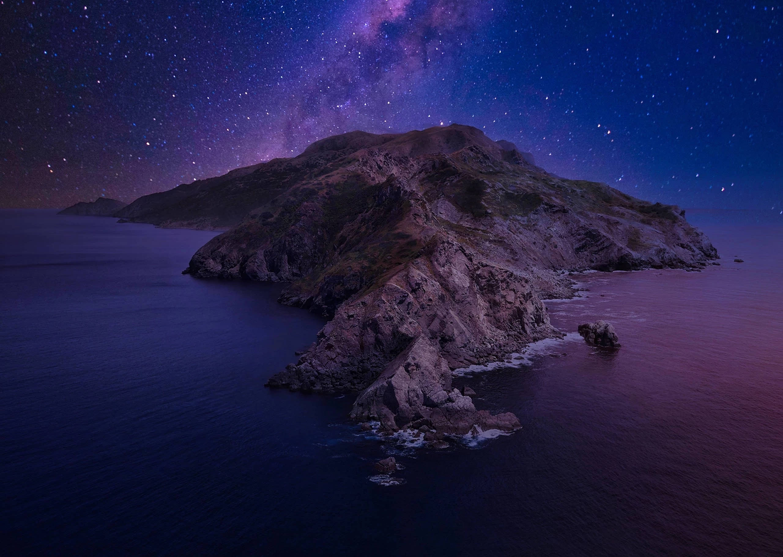 macOS Catalina, starry sky, deep purple waters, 2K Desktop Wallpaper