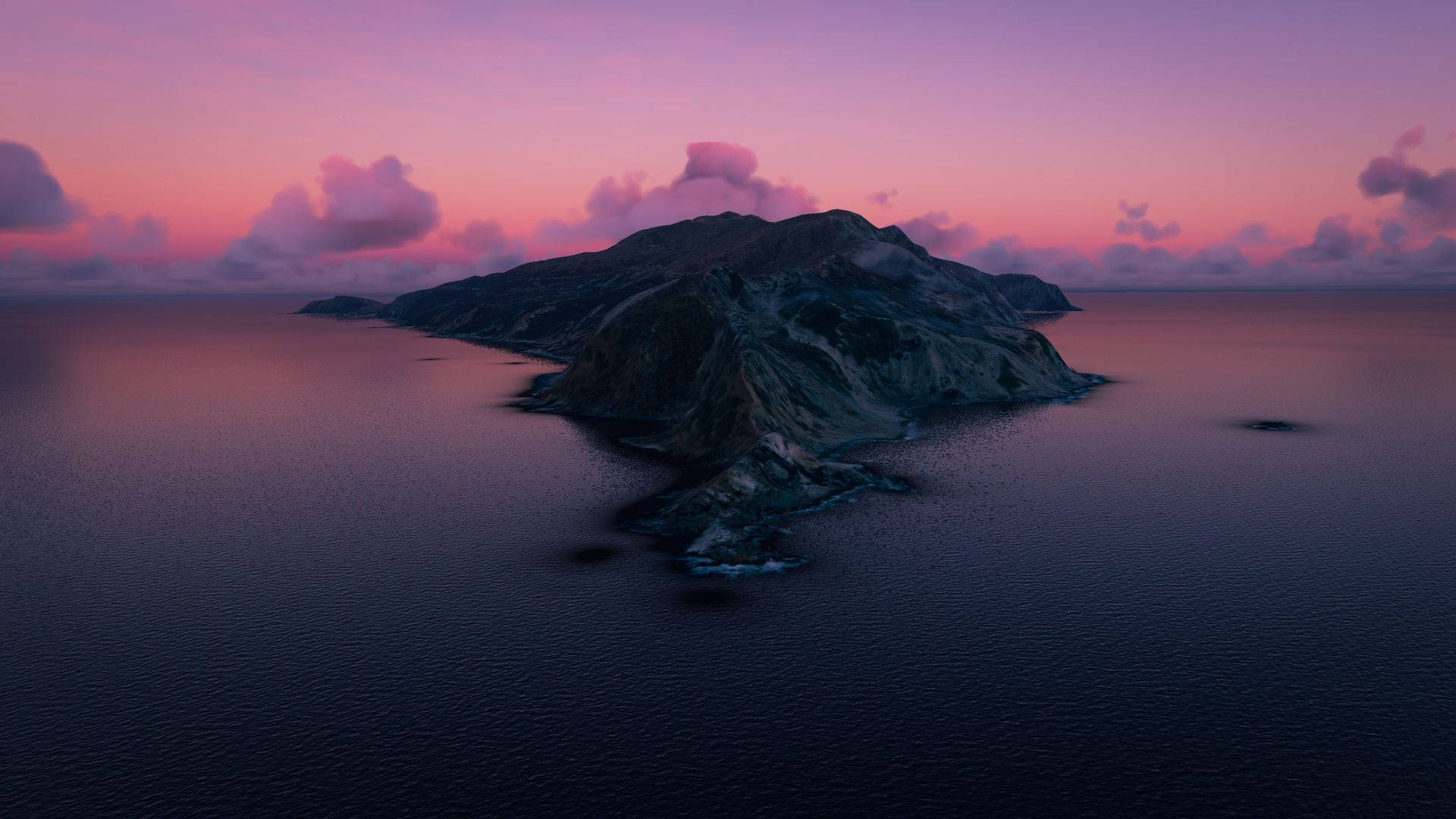 macOS Catalina, pink and purple sunset sky, volcanic island, Full HD Desktop Wallpaper