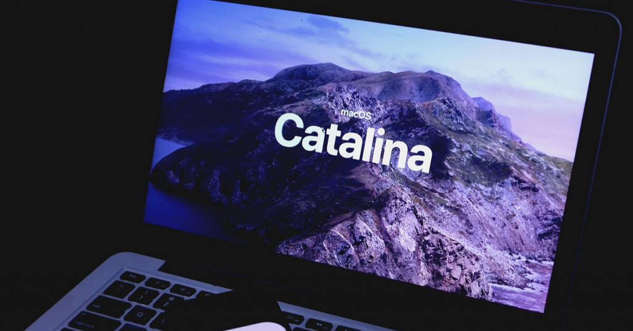 macOS Catalina, purple mountainous landscape, twilight sky, Full HD Desktop Wallpaper