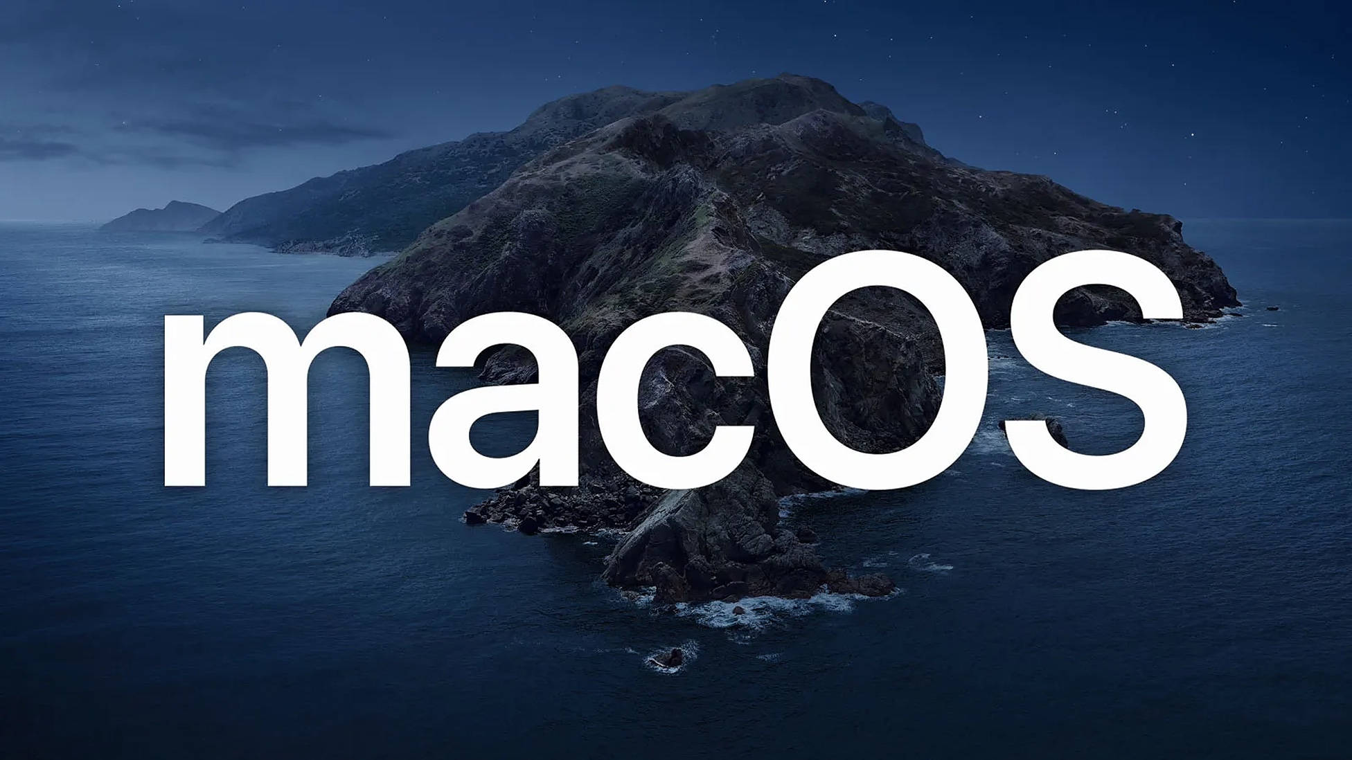 macOS Catalina, dark rocky island, starry sky, Full HD Desktop Wallpaper