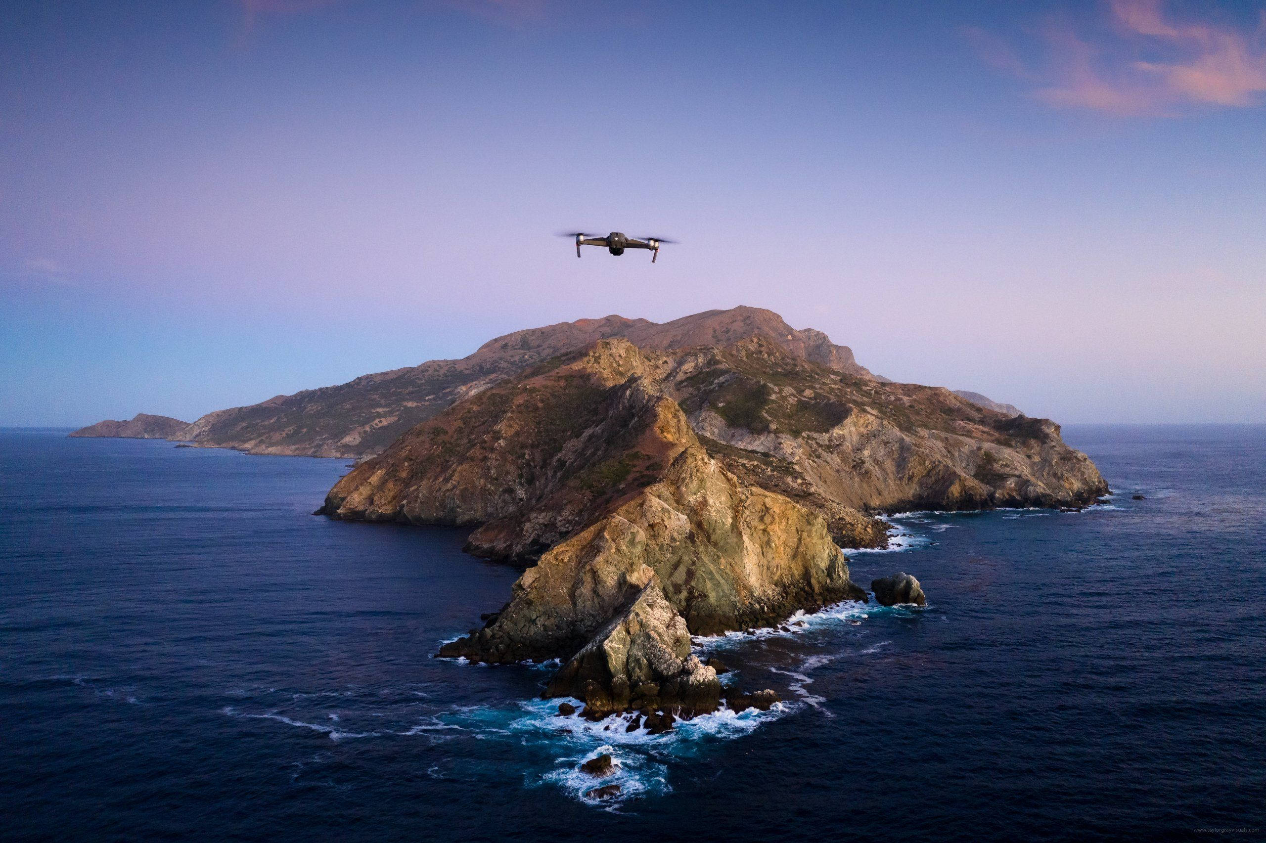 macOS Catalina, drone, coastal island, 2K Desktop Wallpaper