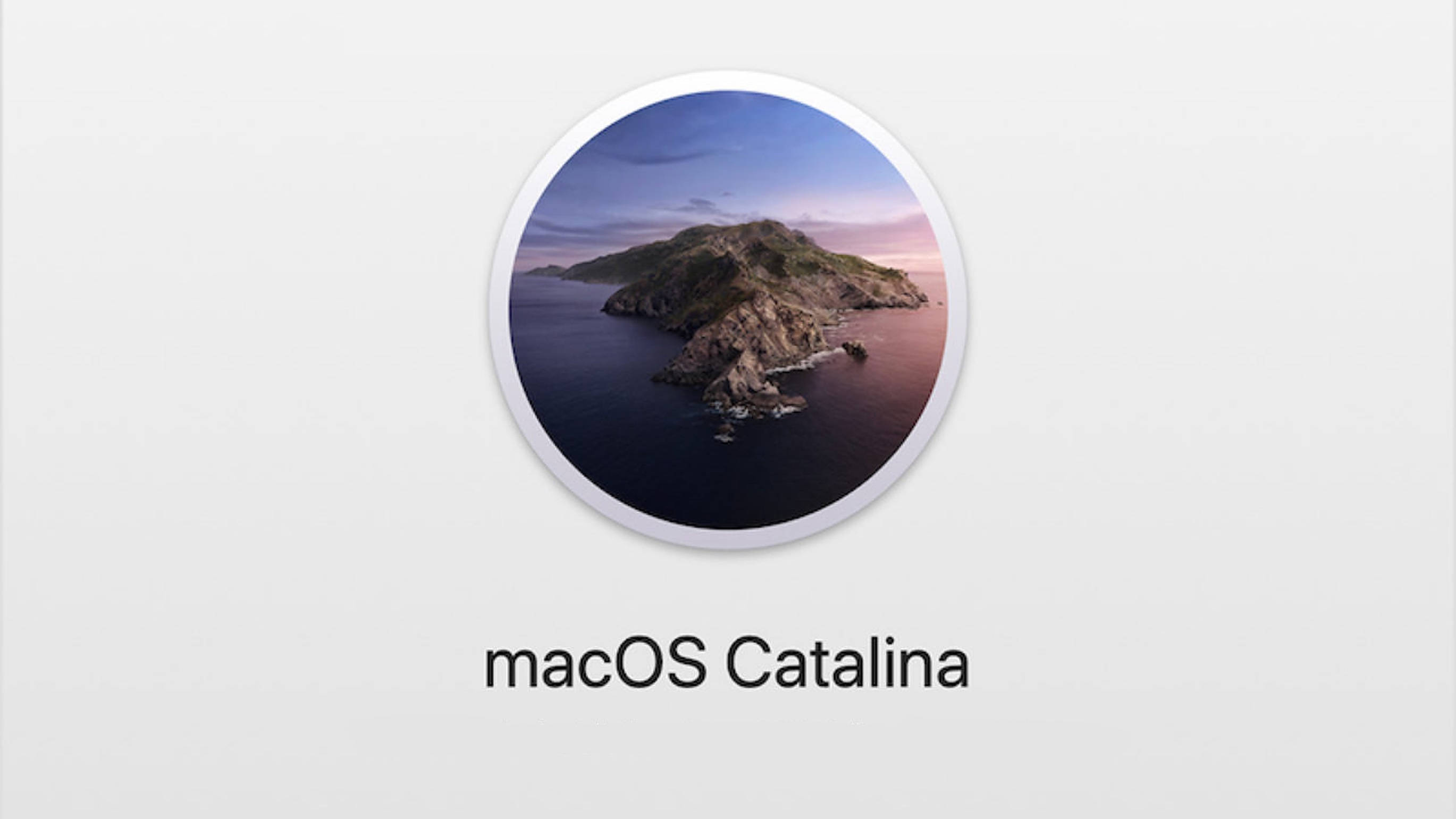 macOS Catalina, rocky island, sunset, 2K Desktop Wallpaper