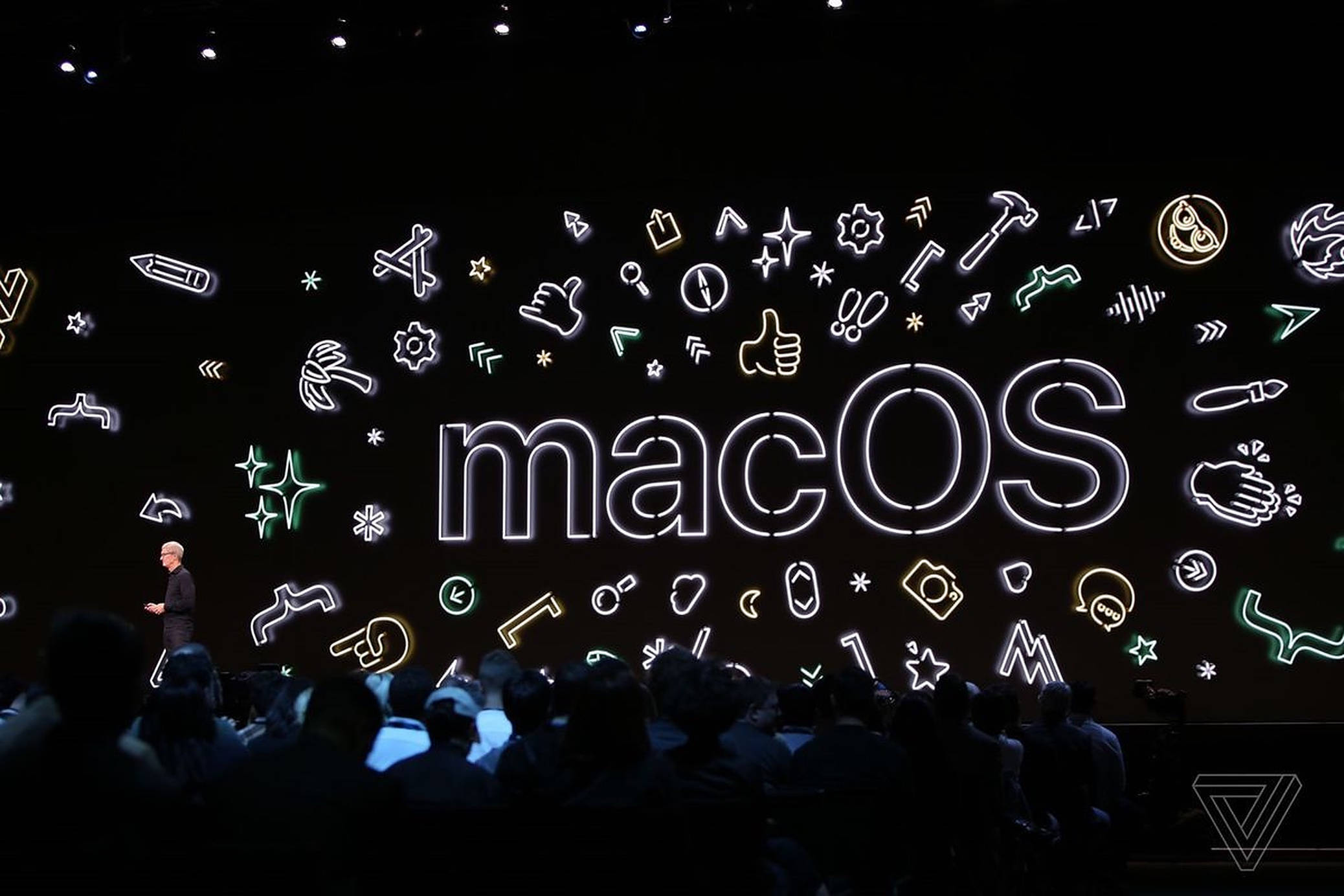macOS Catalina, neon macOS logo, tech icons, Full HD Desktop Wallpaper
