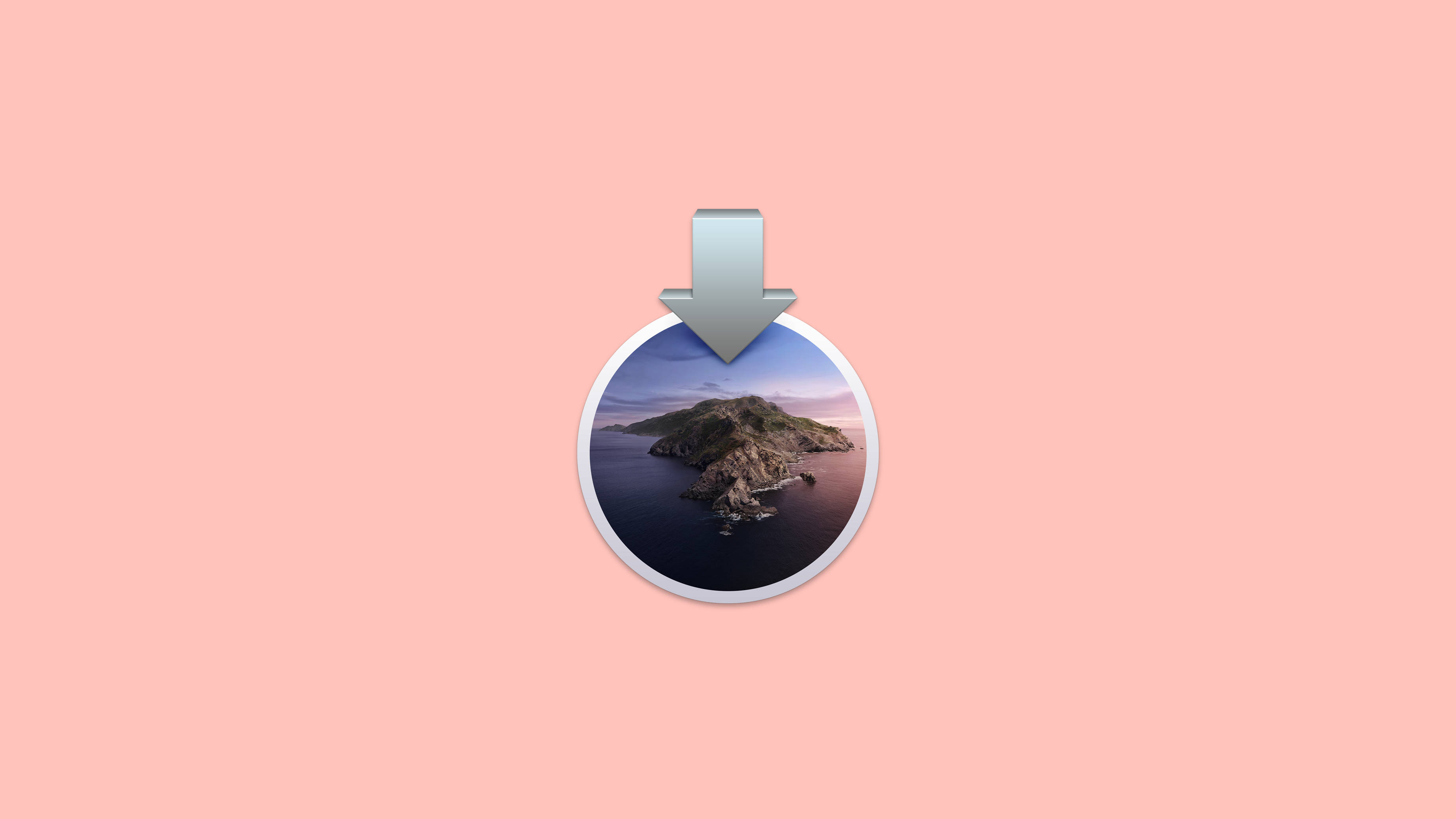 macOS Catalina, pink, silver download arrow, 2K Desktop Wallpaper