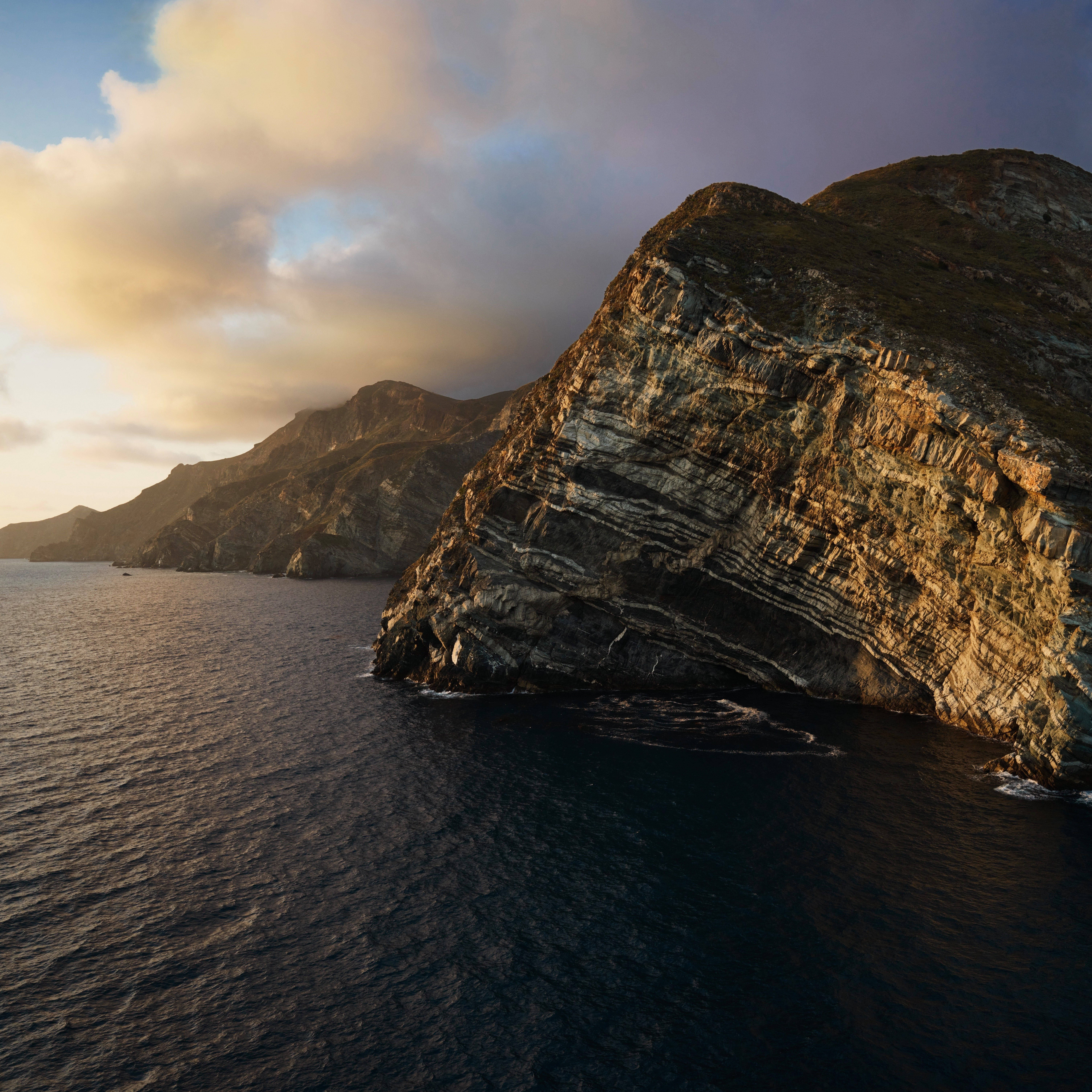 macOS Catalina, Sunset, coastal cliffs, 5K Desktop Wallpaper