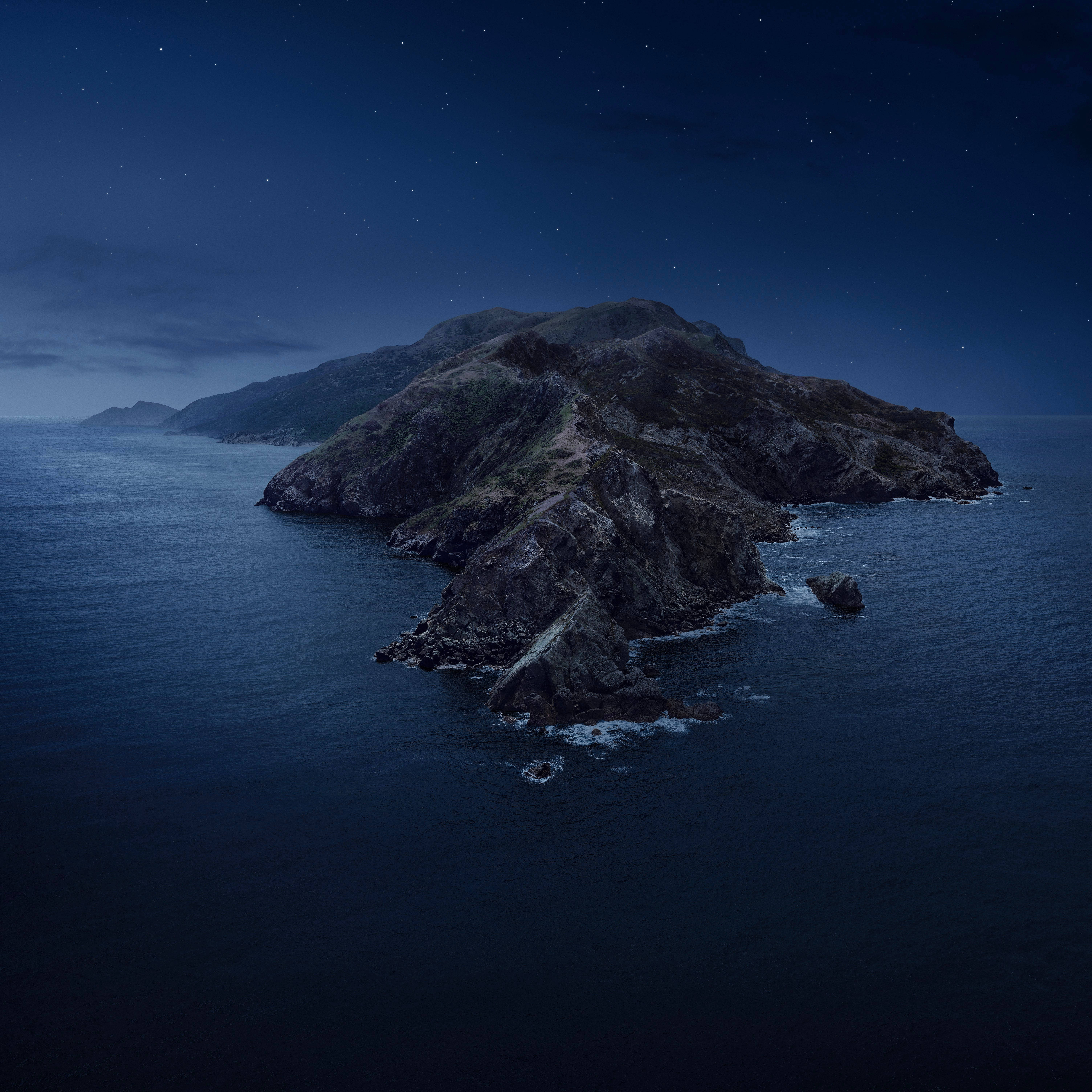 macOS Catalina, nighttime, rocky island, 5K Desktop Wallpaper