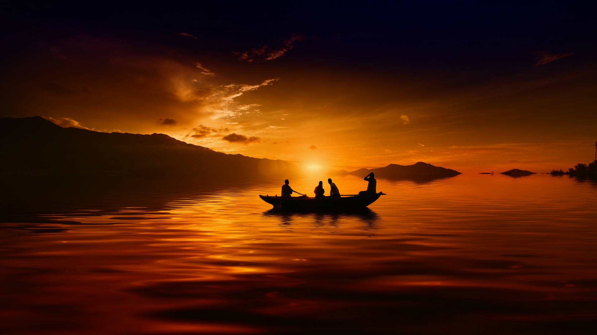 macOS Mojave, Sunset Lake, fiery orange sunset, Full HD Desktop Wallpaper