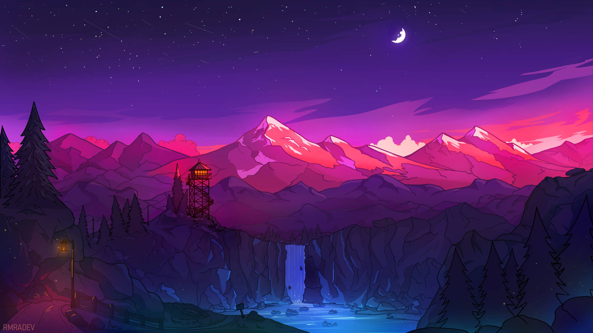 macOS Mojave, glacier mountains, starry purple sky, Full HD Desktop Wallpaper
