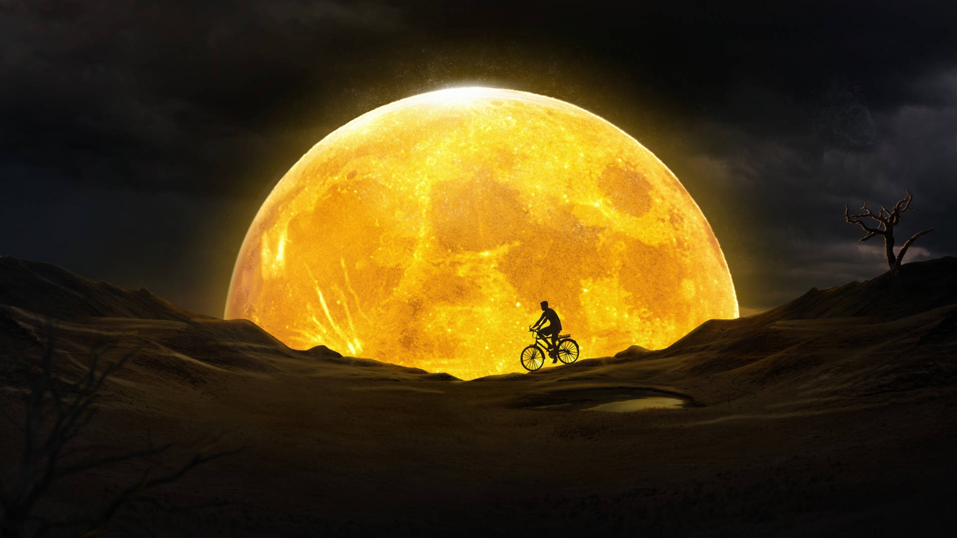 macOS Mojave, Yellow Moon, glowing orange moon, Full HD Desktop Wallpaper
