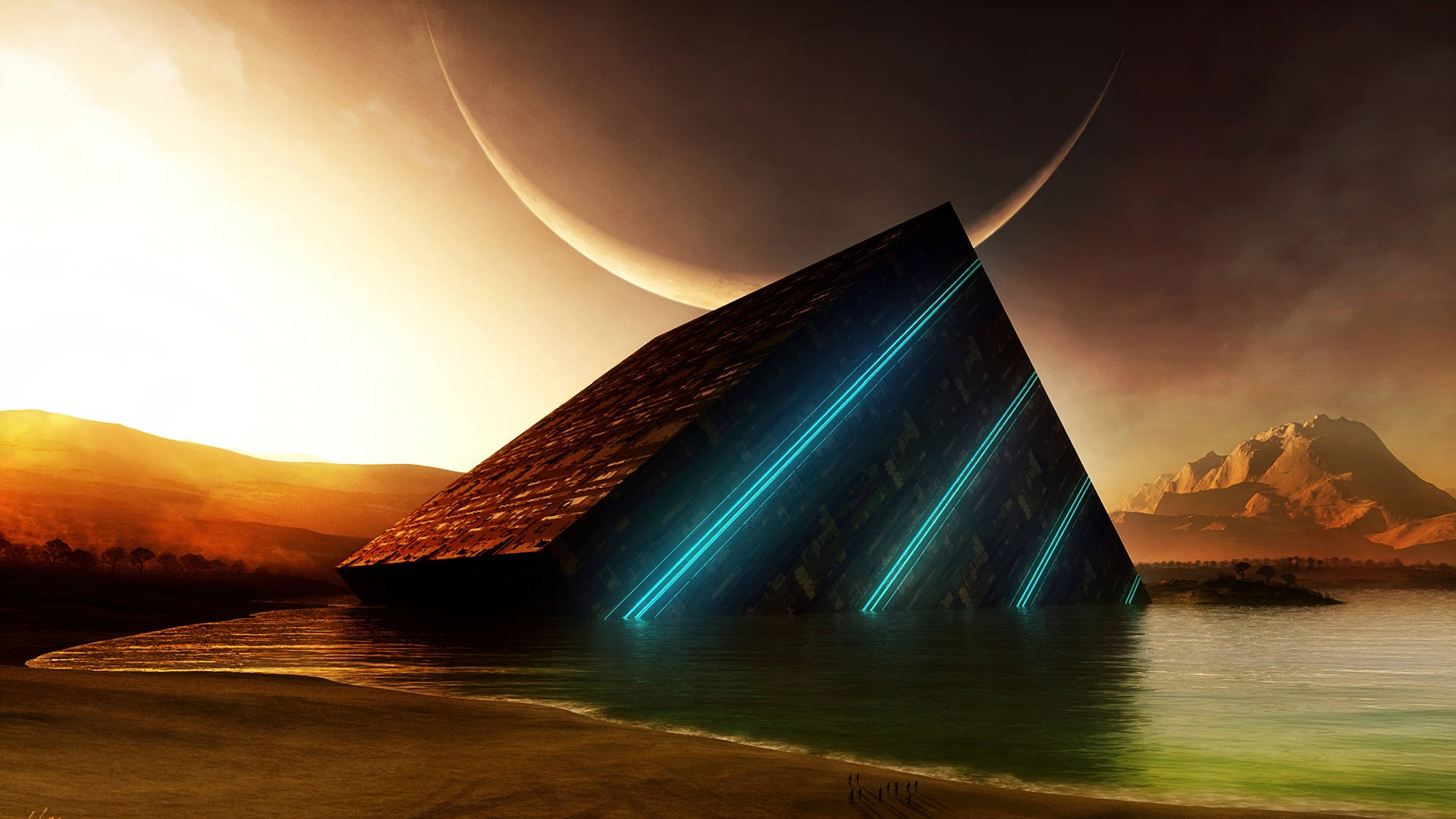 macOS Mojave, surreal black cube, glowing blue lines, Full HD Desktop Wallpaper
