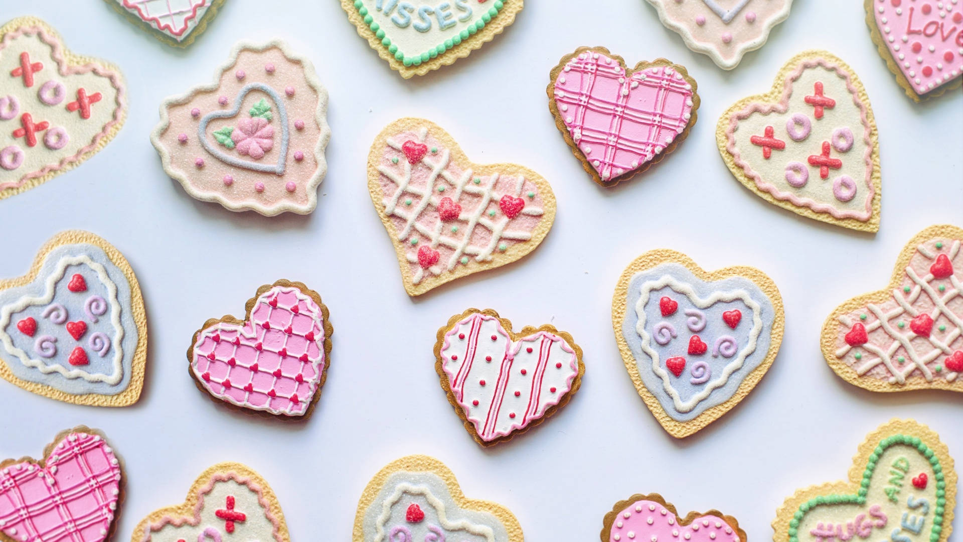 macOS Mojave, heart-shaped sugar cookies, pink and white icing, Full HD Desktop Wallpaper