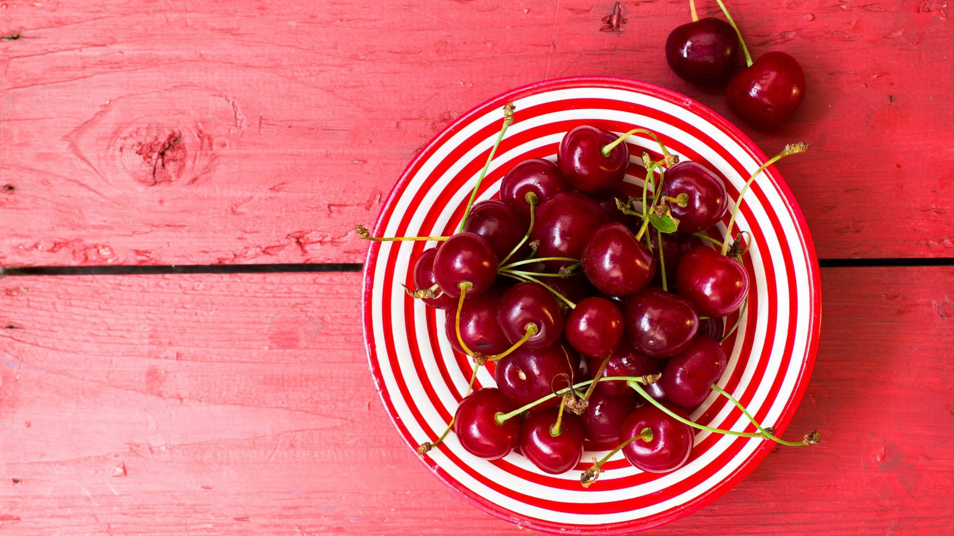 macOS Mojave, luscious red cherries, red and white striped bowl, Full HD Desktop Wallpaper