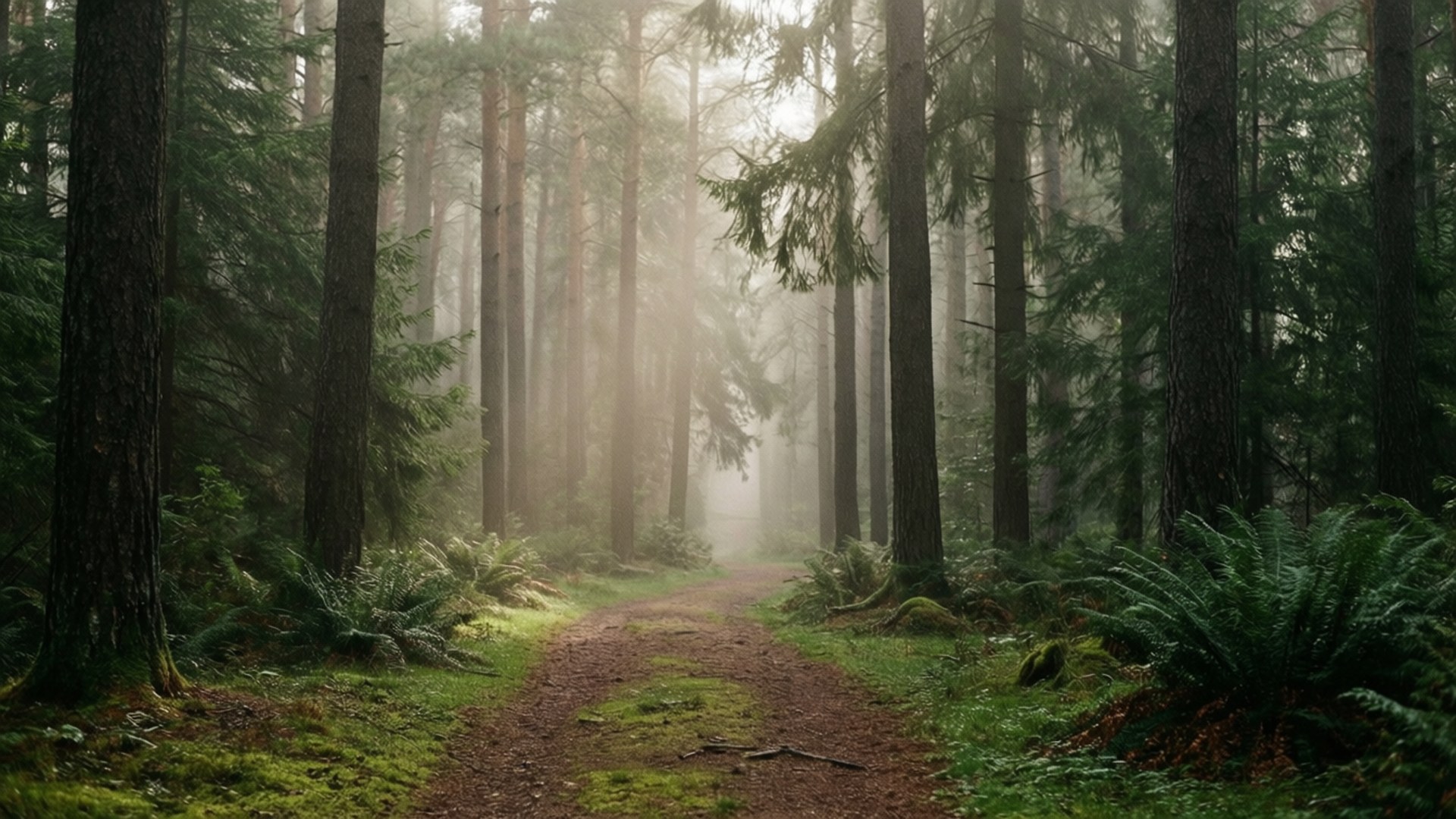 macOS Mojave, misty path, evergreens, Full HD Desktop Wallpaper