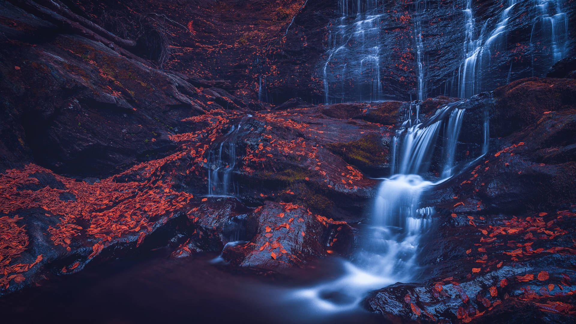 macOS Mojave, waterfalls, dark rocks, Full HD Desktop Wallpaper