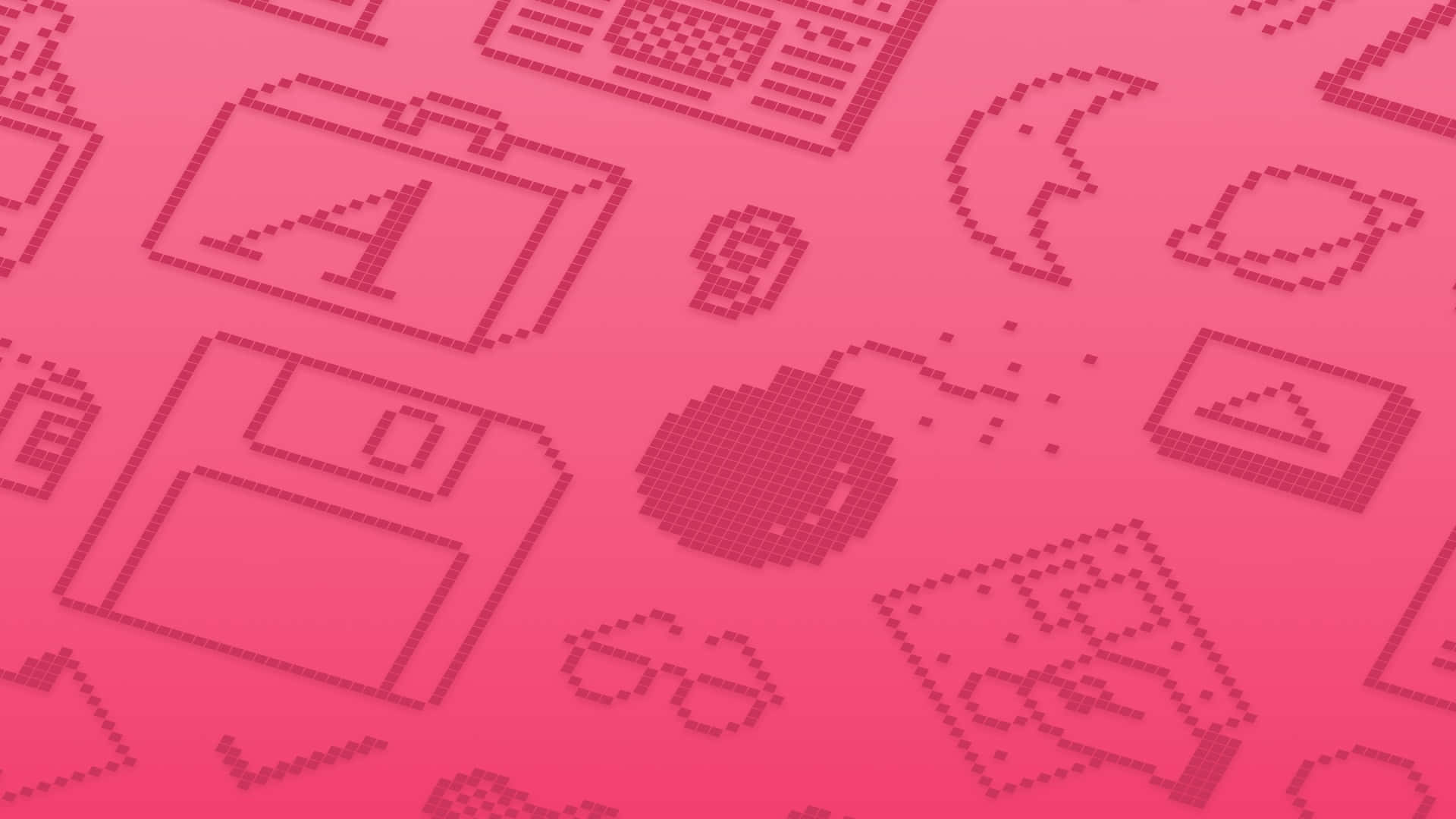 macOS Sequoia, vibrant pink gradient, pixelated retro tech icons, Full HD Desktop Wallpaper