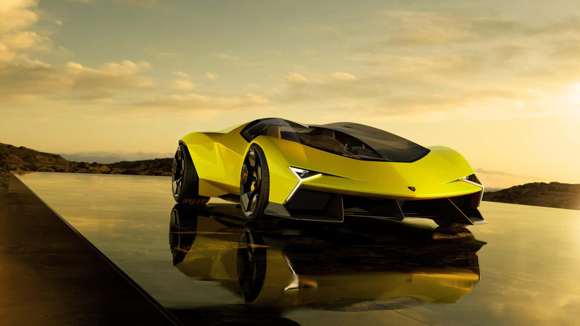 macOS Sequoia, futuristic sports car, golden sunset, Full HD Desktop Wallpaper